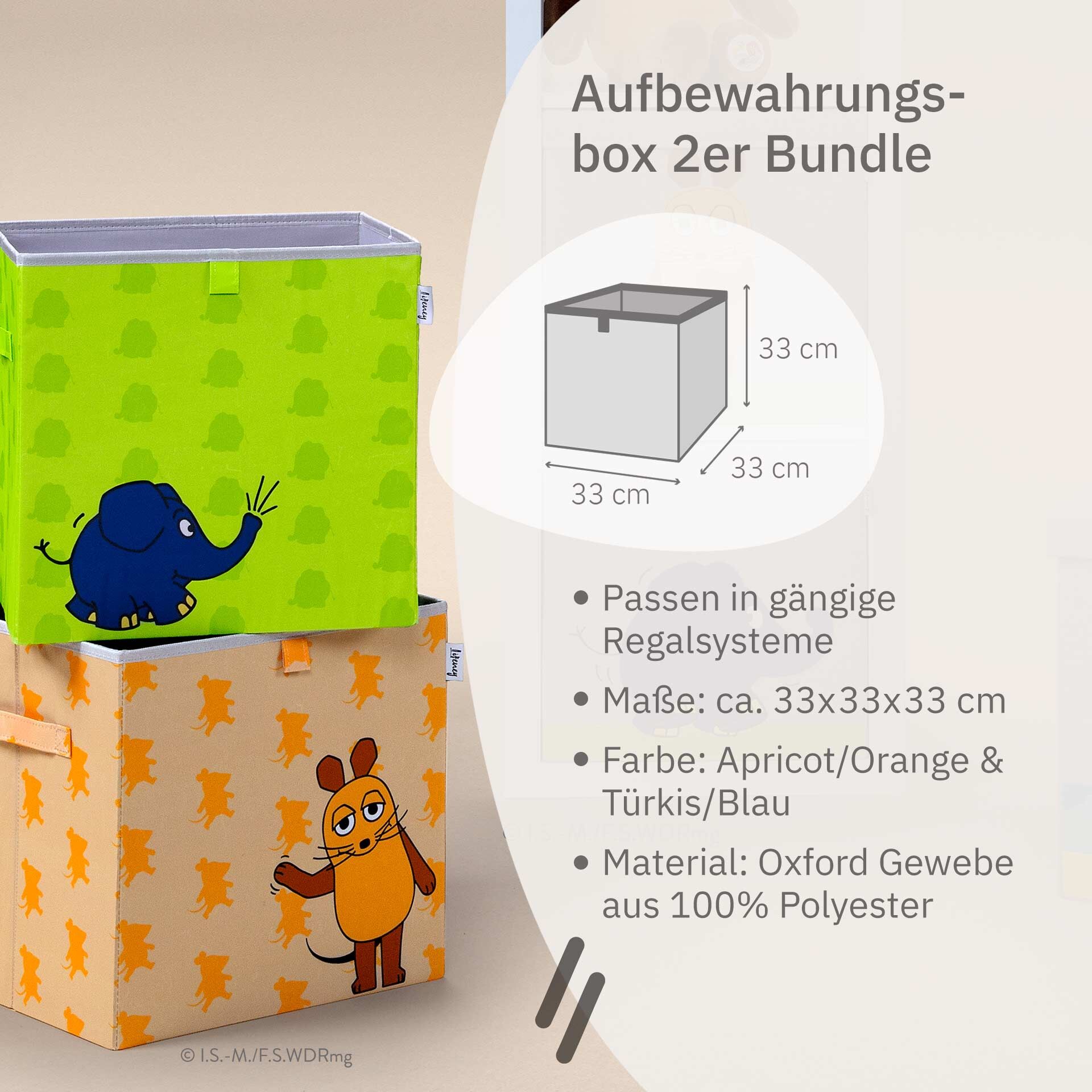 Aufbewahrungsbox 2er-Set DieMaus & Elefant, 33x33x33cm