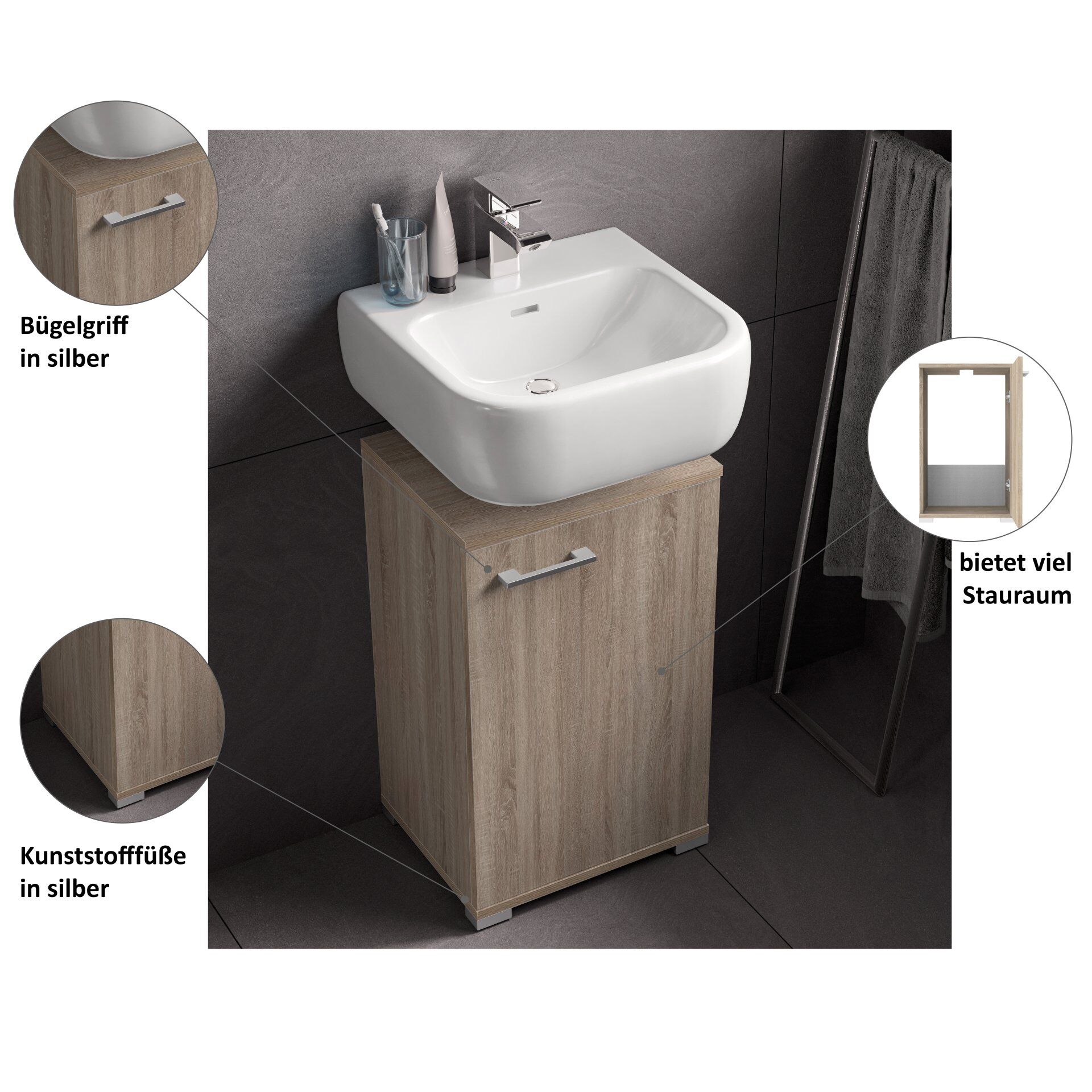 Waschbeckenunterschrank Easy, 40cm, Eiche, stehend