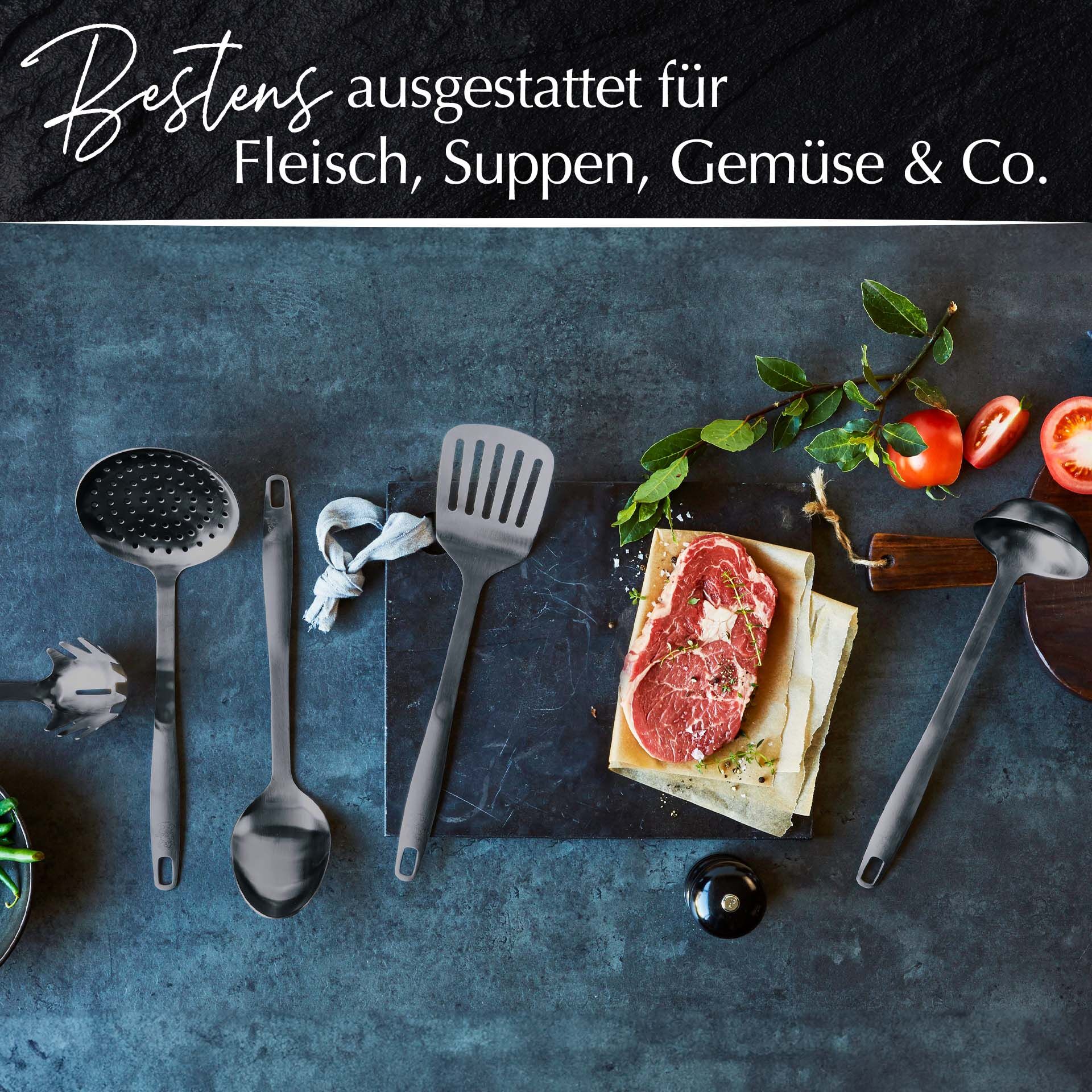 Küchenhelfer-Set Satin, 5-teilig, Schwarz, Edelstahl