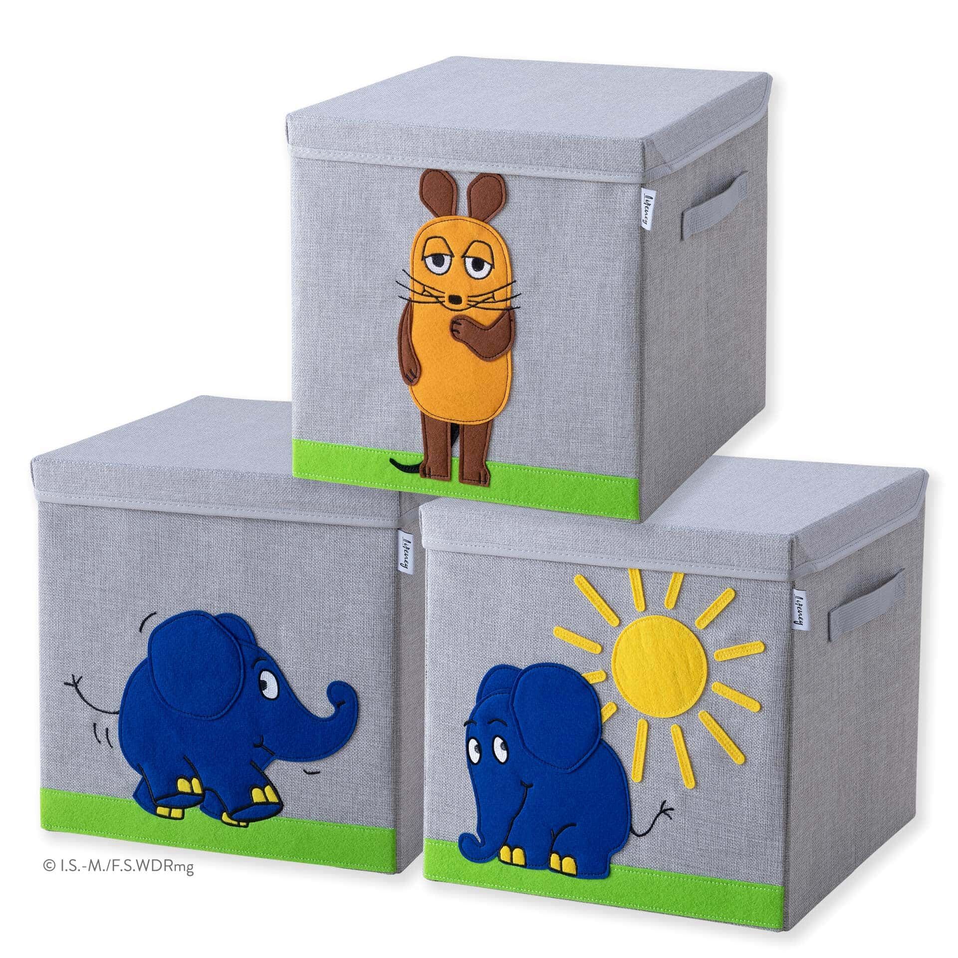 Aufbewahrungsbox 3er-Set mit Deckel Elefant & DieMaus, 33x33x33cm