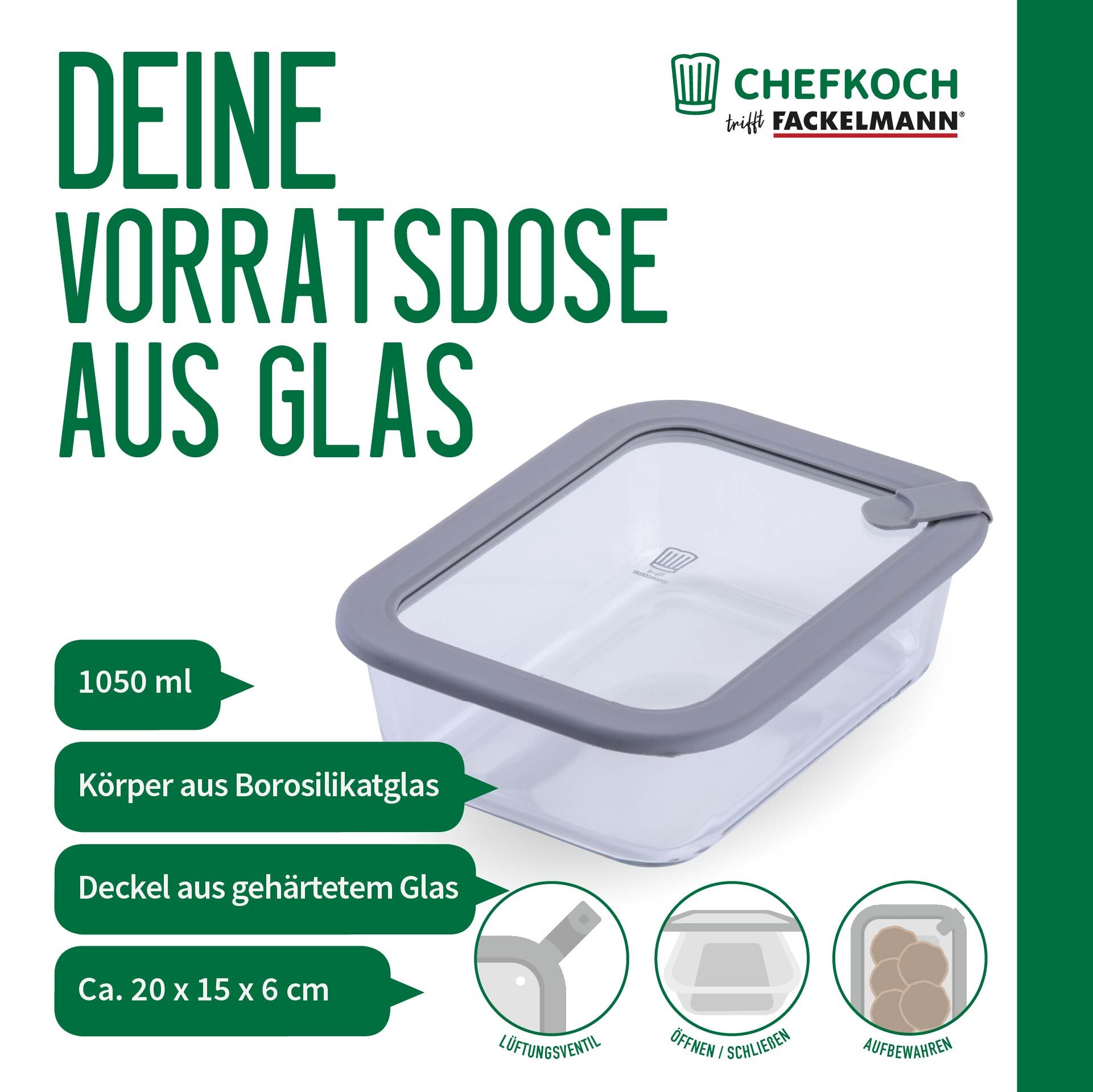 Vorratsdose Glas, eckig, 1050ml