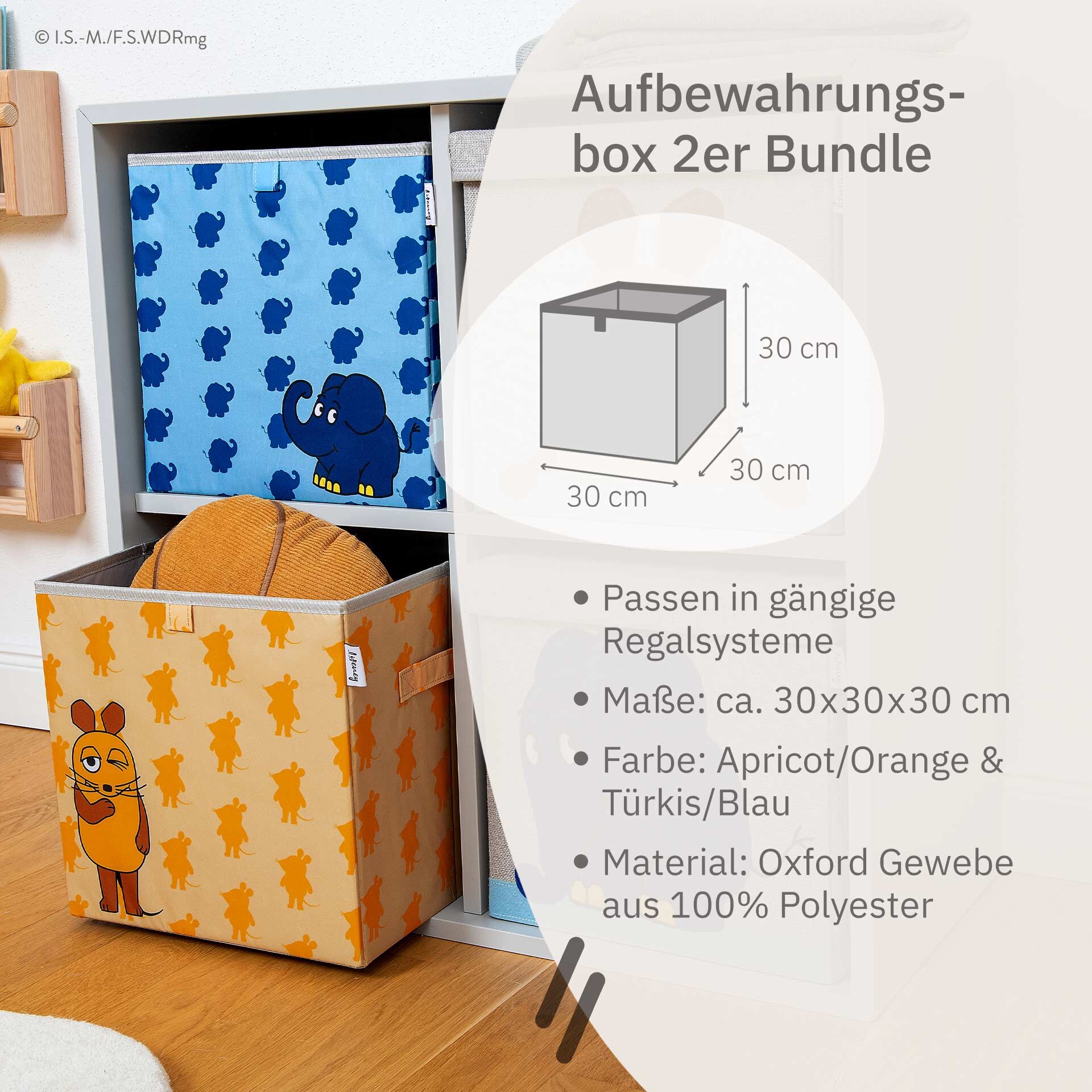 Aufbewahrungsbox 2er-Set DieMaus & Elefant, 30x30x30cm