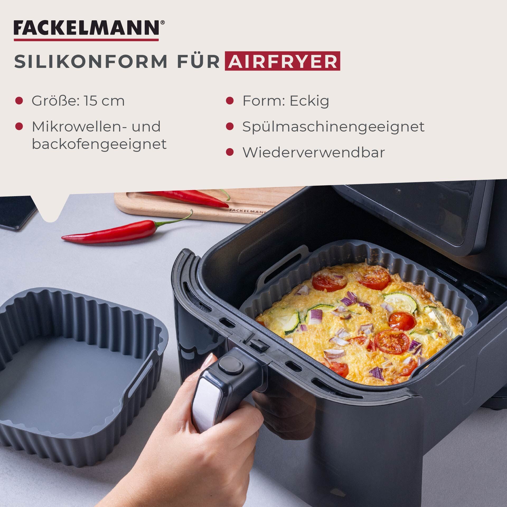 Silikonform für Heißluftfritteuse eckig, 15x15x5cm