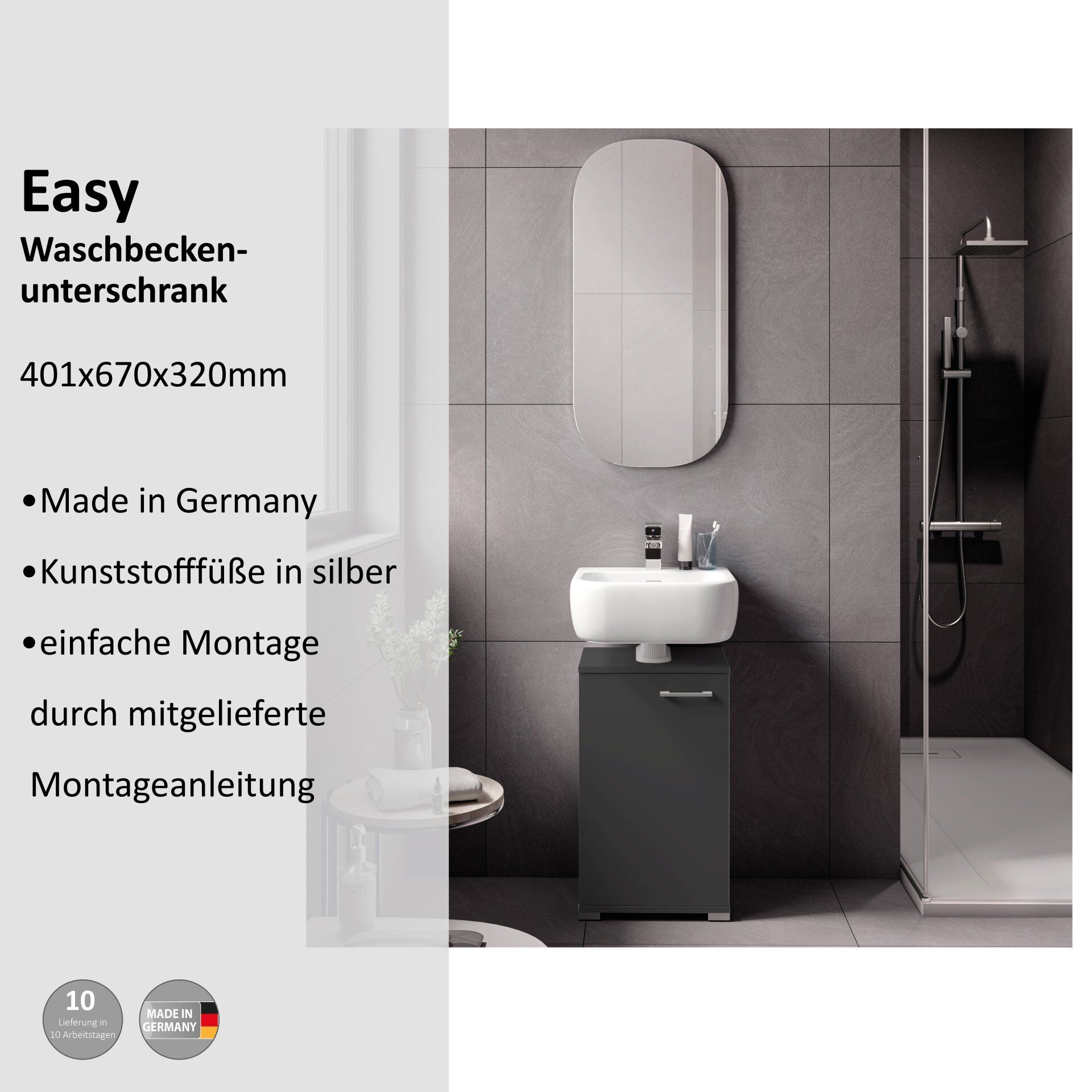 Waschbeckenunterschrank Easy, 40cm, Anthrazit, stehend