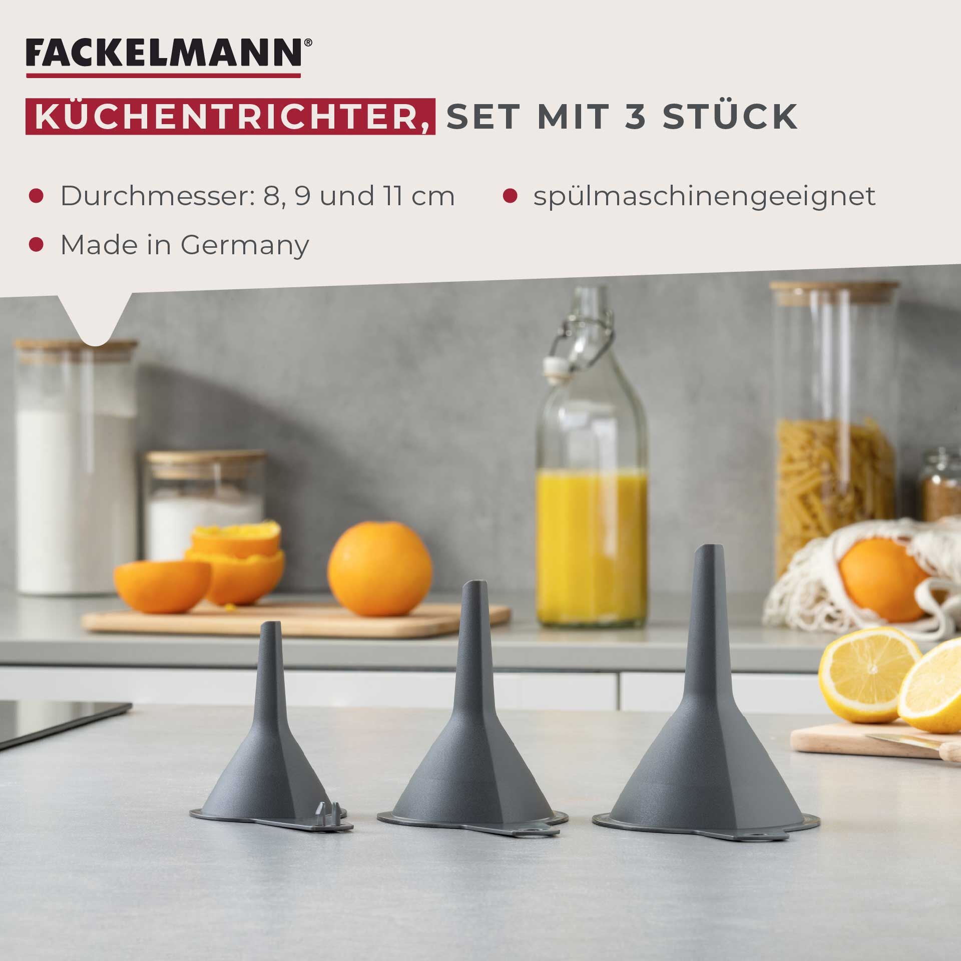 Trichterset, stapelbar, grau, 3-tlg.