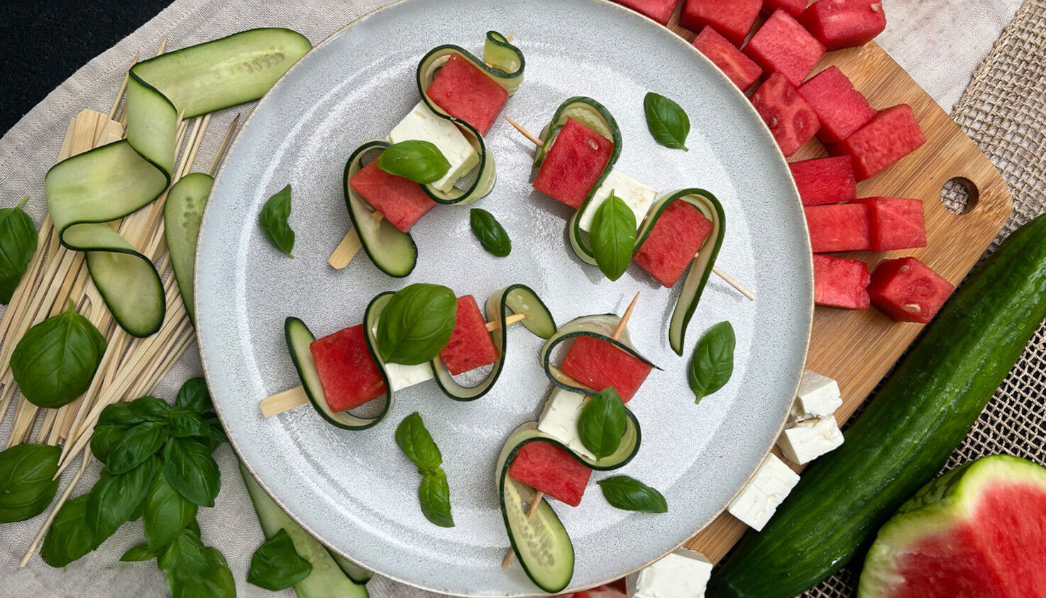 Melonen-Feta-Spieße Melonen-Feta-Spieße