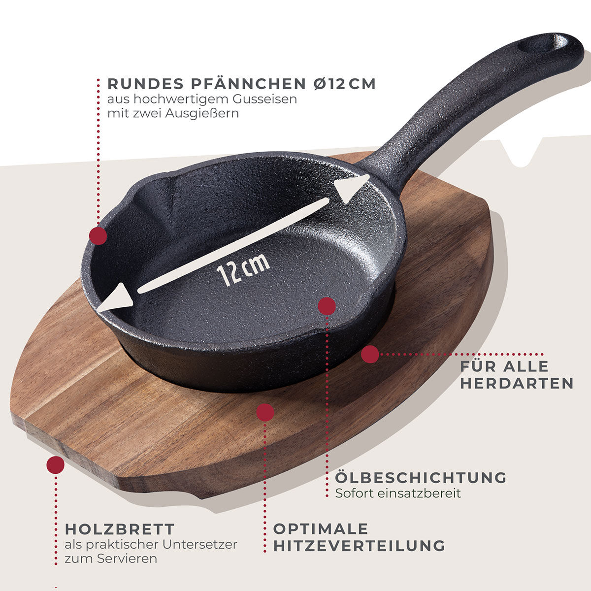 Grillpfännchen Gusseisen mit Holzbrett, rund, Ø12cm