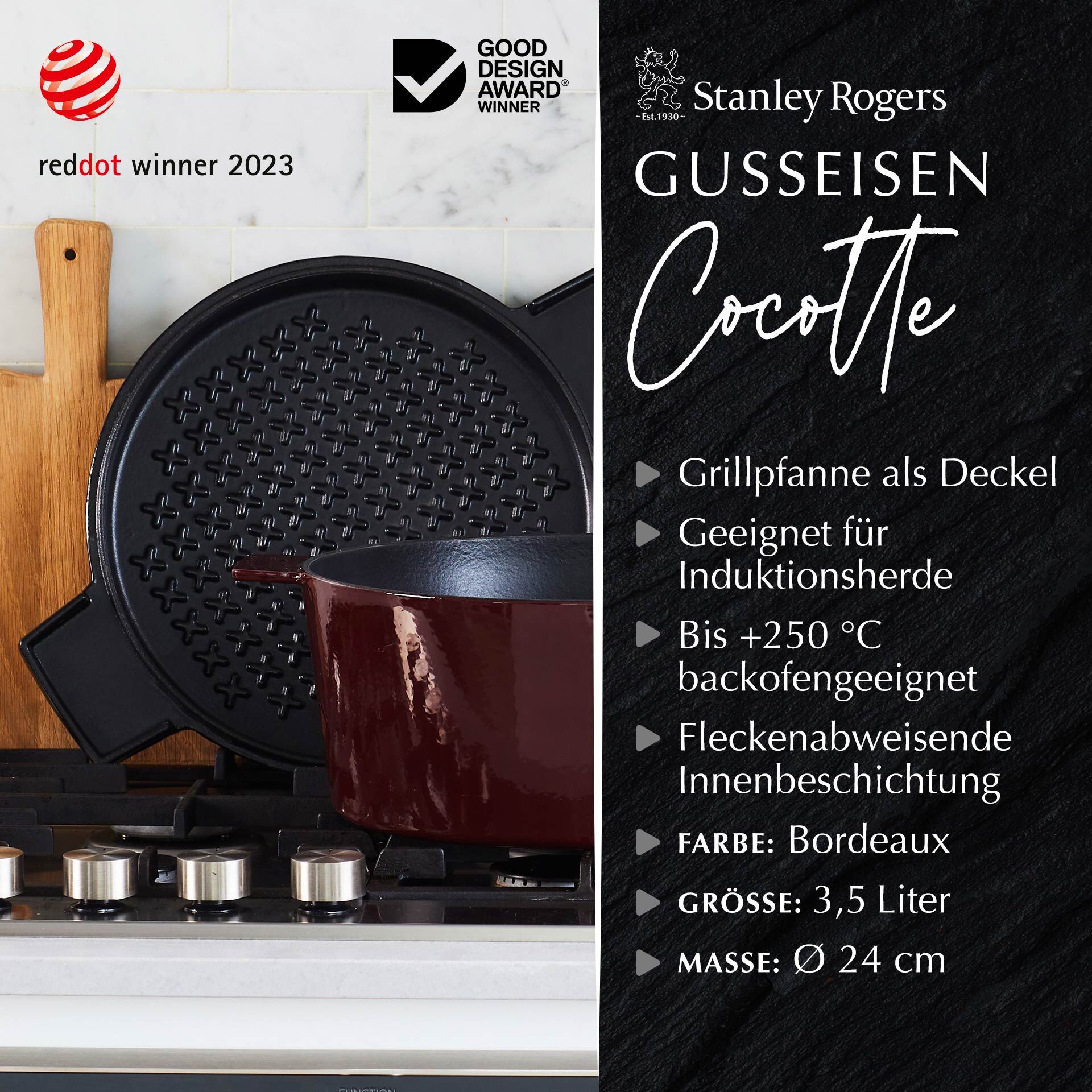 Cocotte mit Grilldeckel, 24cm, Gusseisen, bordeaux Cocotte mit Grilldeckel, 24cm, Gusseisen, bordeaux