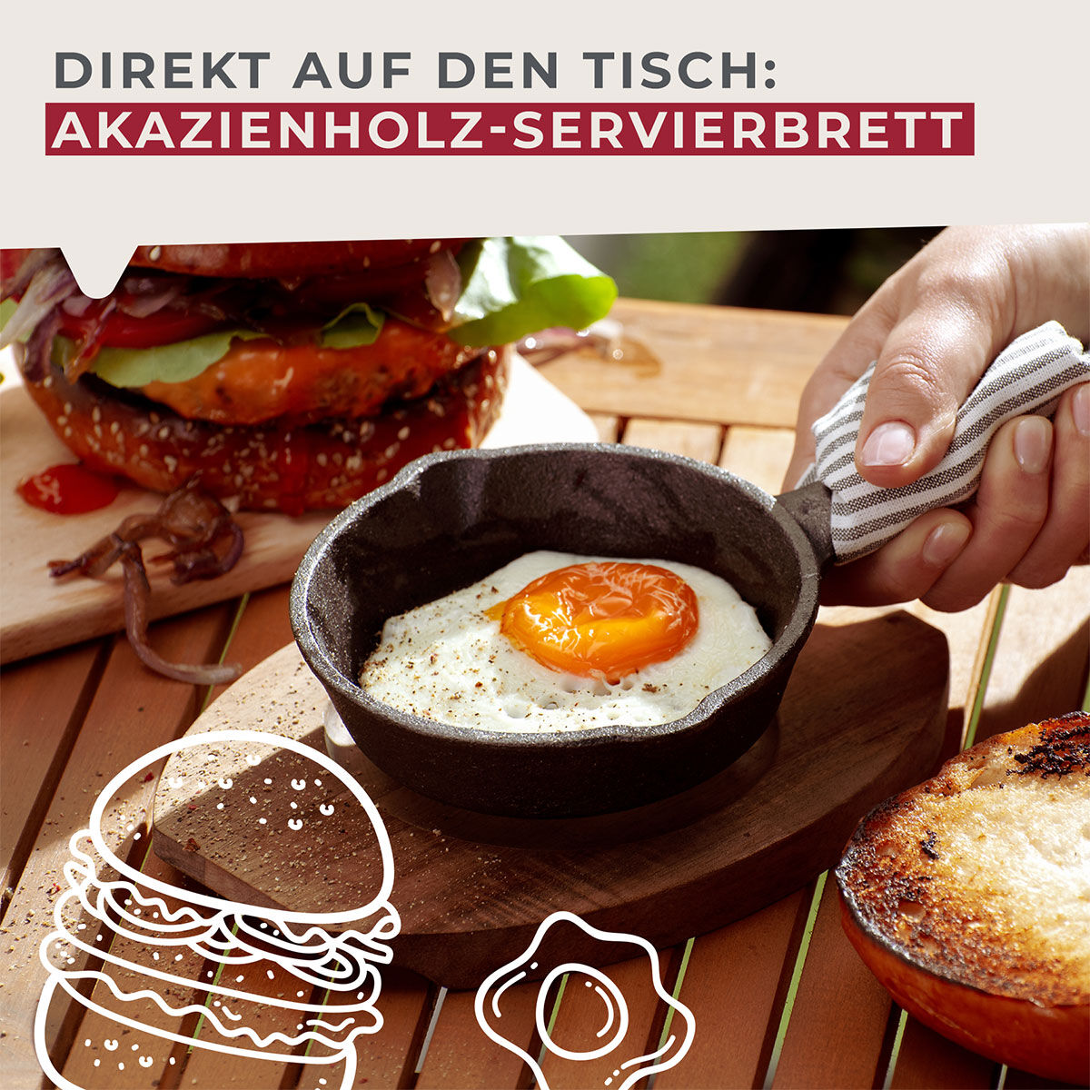 Grillpfännchen Gusseisen mit Holzbrett, rund, Ø12cm