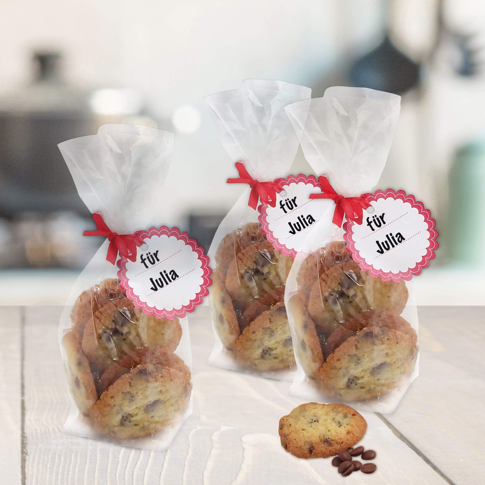 Folienbeutel inkl. Satinbänder und Anhänger, 8 Stk