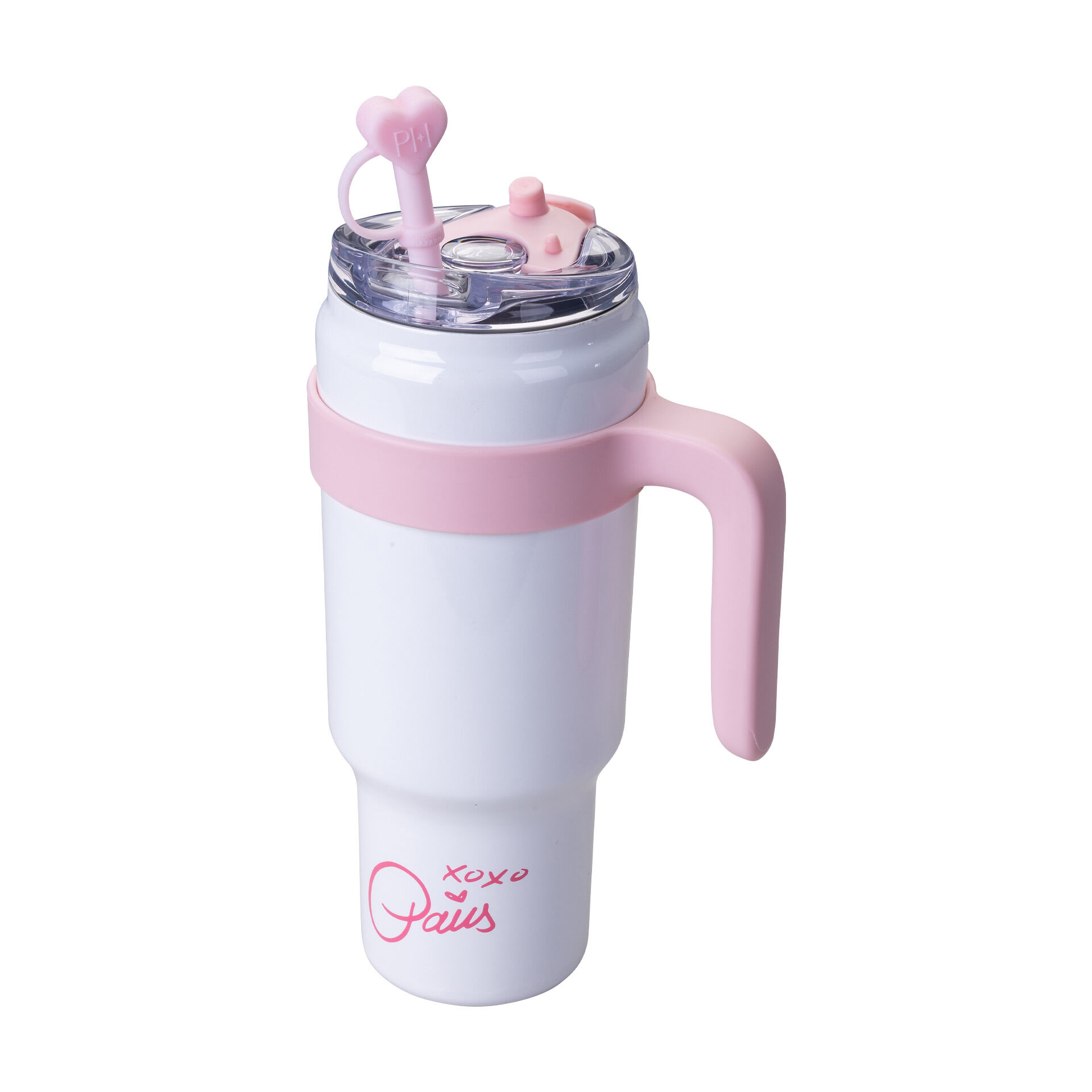 Trinkbecher mit Strohhalm-Deckel Herz, Weiß, 1L