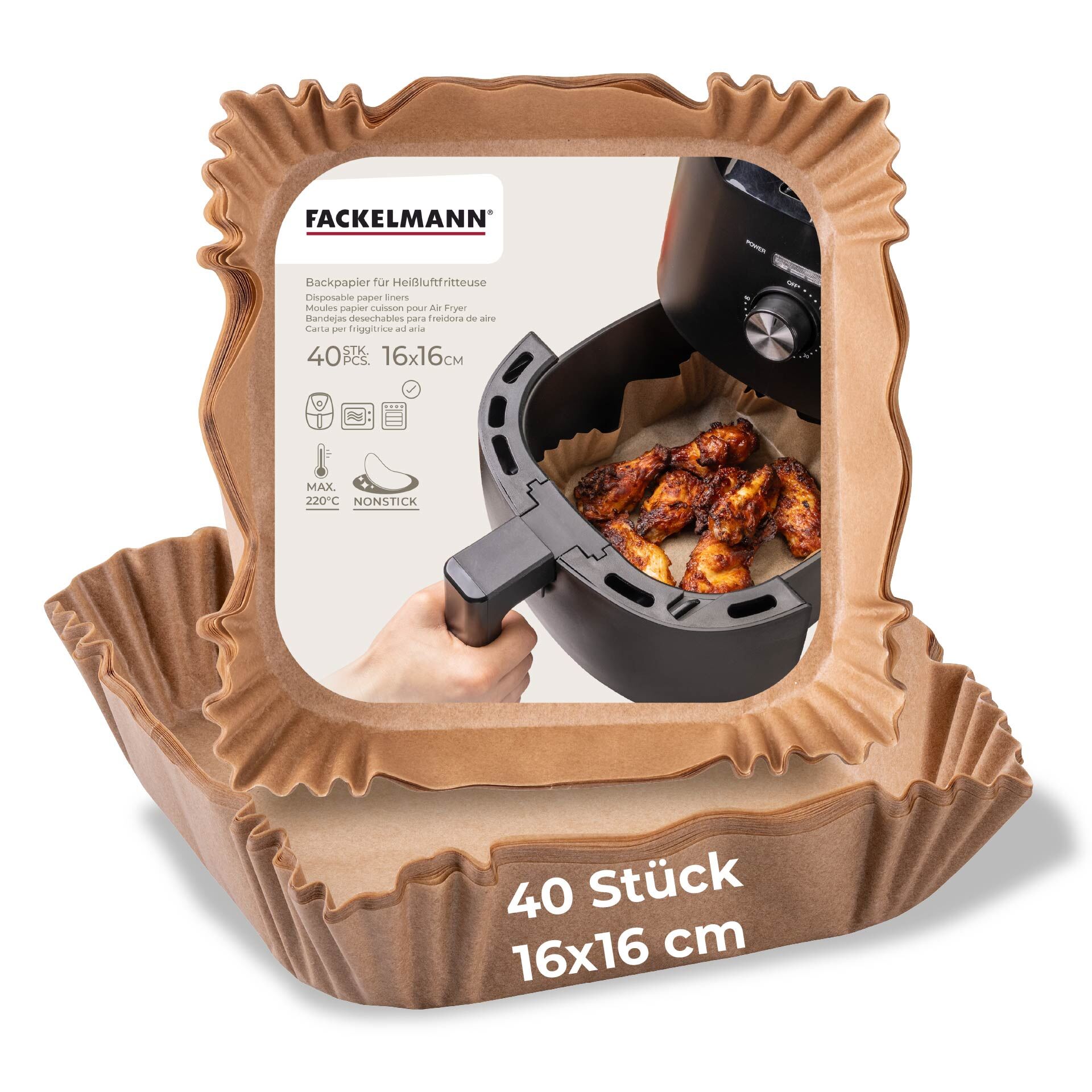 Backpapier für Heißluftfritteuse eckig,16x16x4,5cm, 40 Stk.