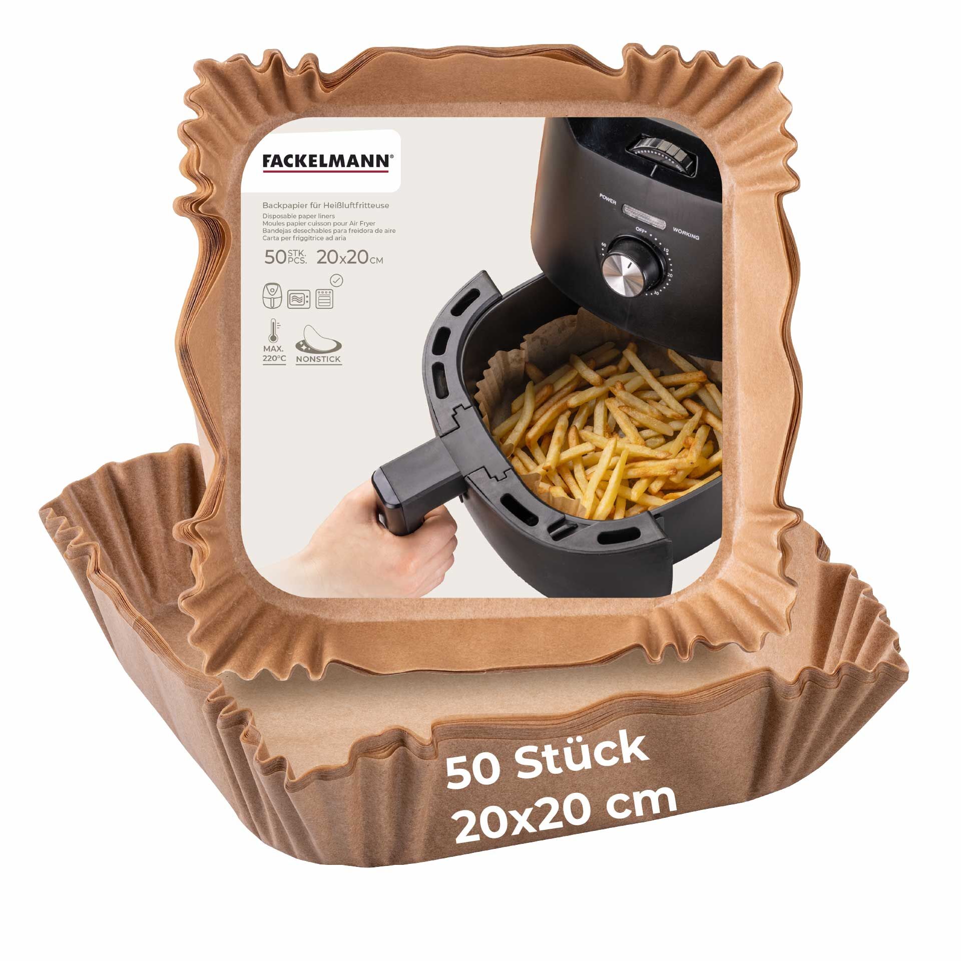 Backpapier für Heißluftfritteuse eckig, 20cm, 50 Stk.