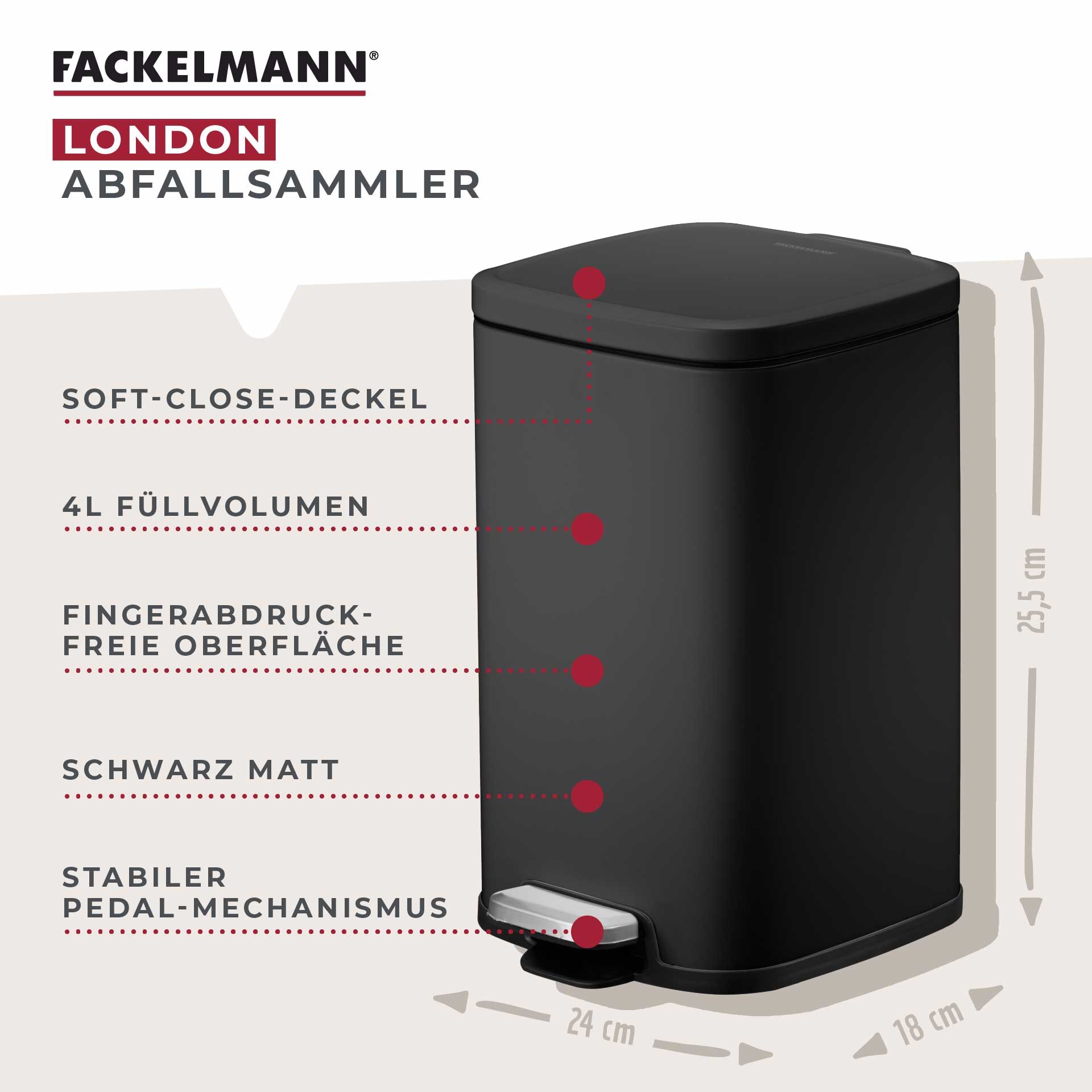 Tretmülleimer London, schwarz, 4L