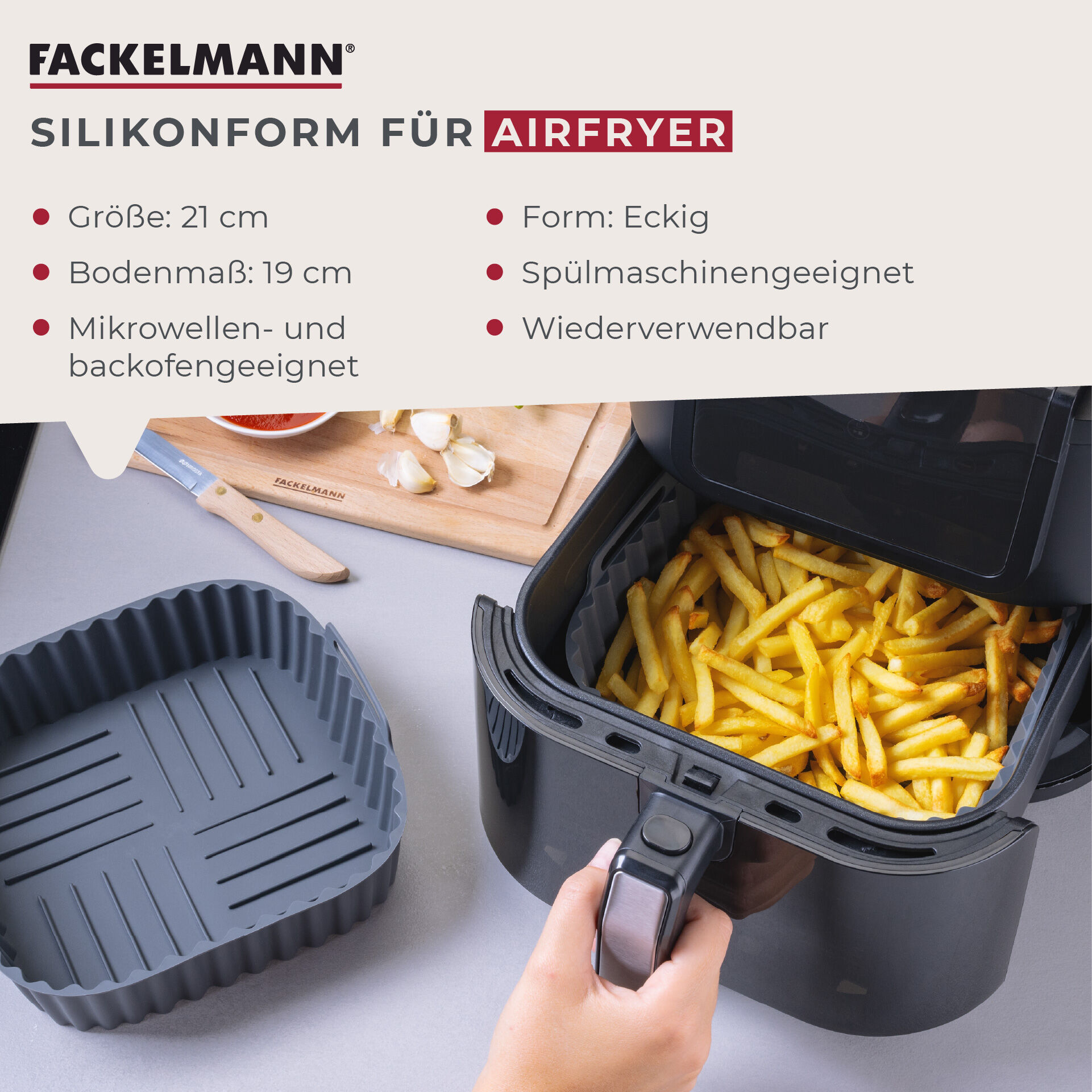 Silikonform für Heißluftfritteuse eckig, 19x19x5cm