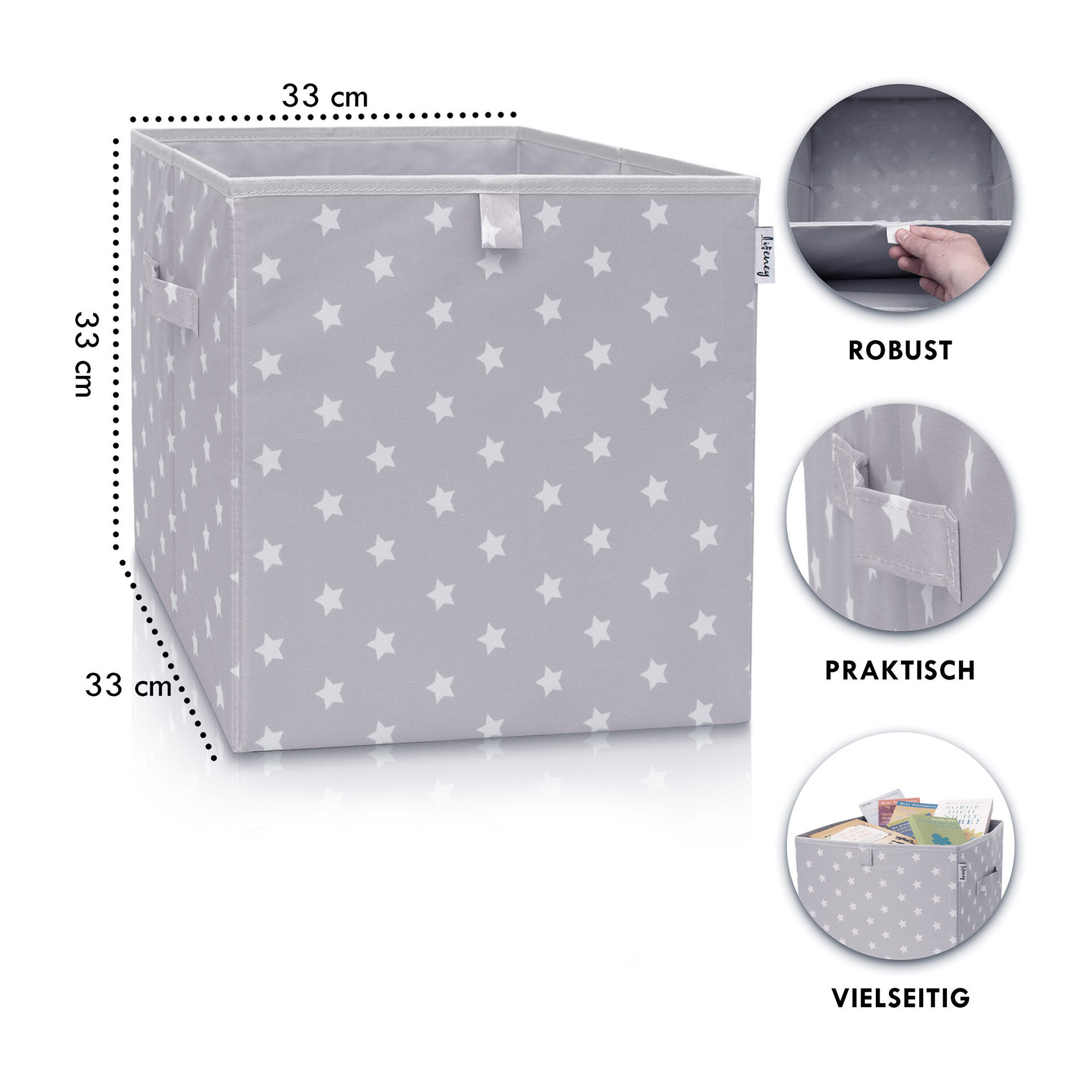 Aufbewahrungsbox 2er Set, Sterne, hellgrau, 33x33x33cm