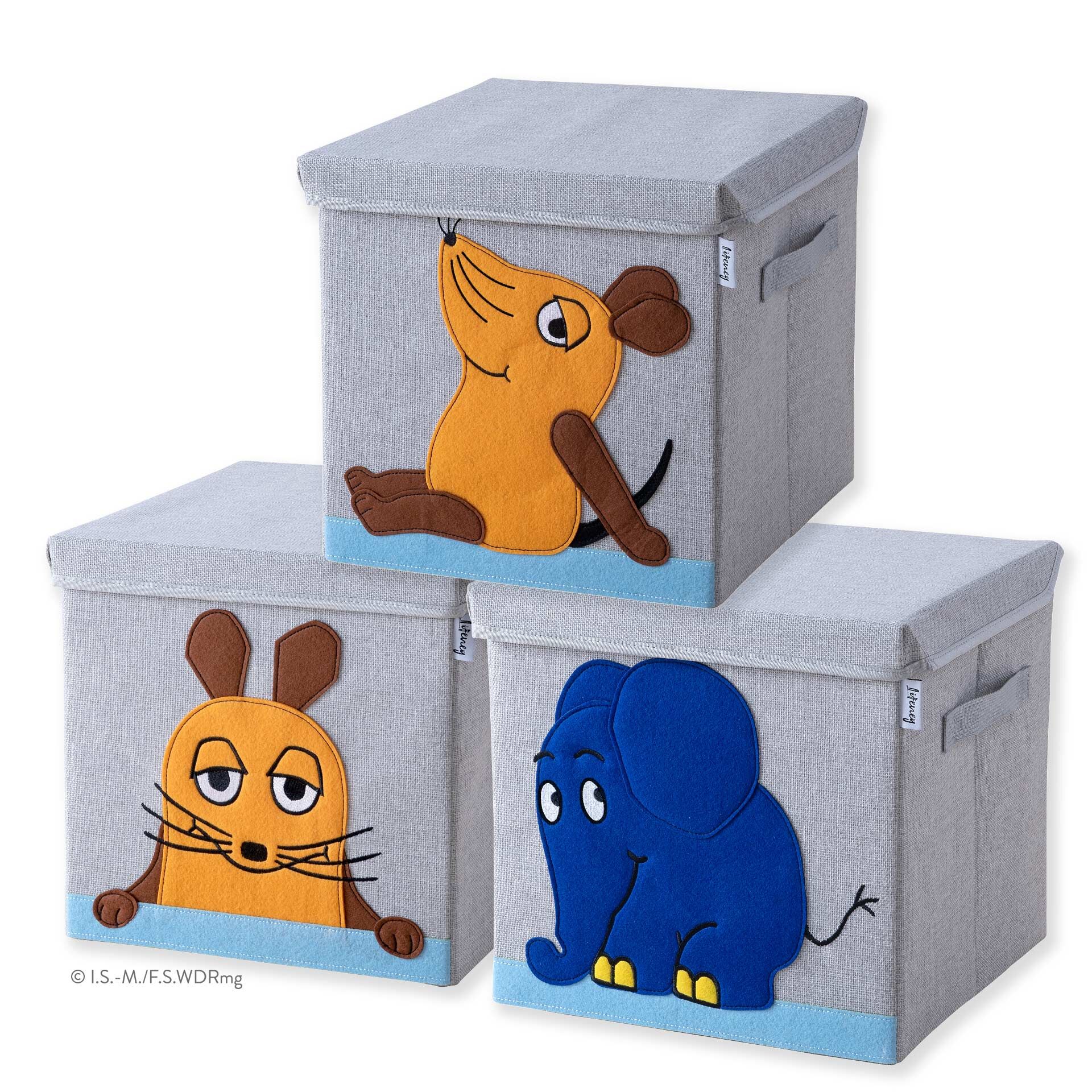 Aufbewahrungsbox 3er-Set mit Deckel, DieMaus & Elefant, 33x33x33cm