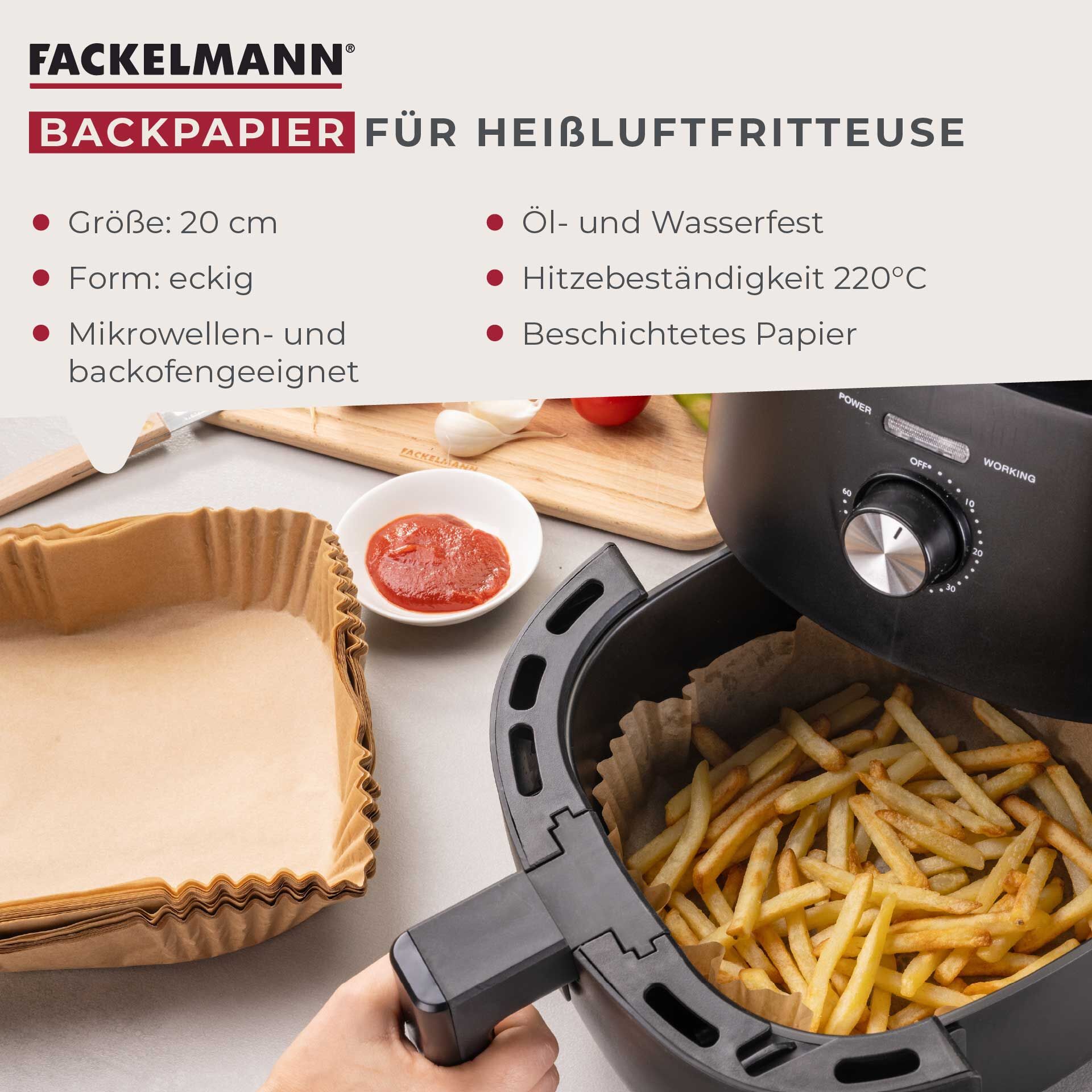 Backpapier für Heißluftfritteuse eckig, 20cm, 50 Stk.