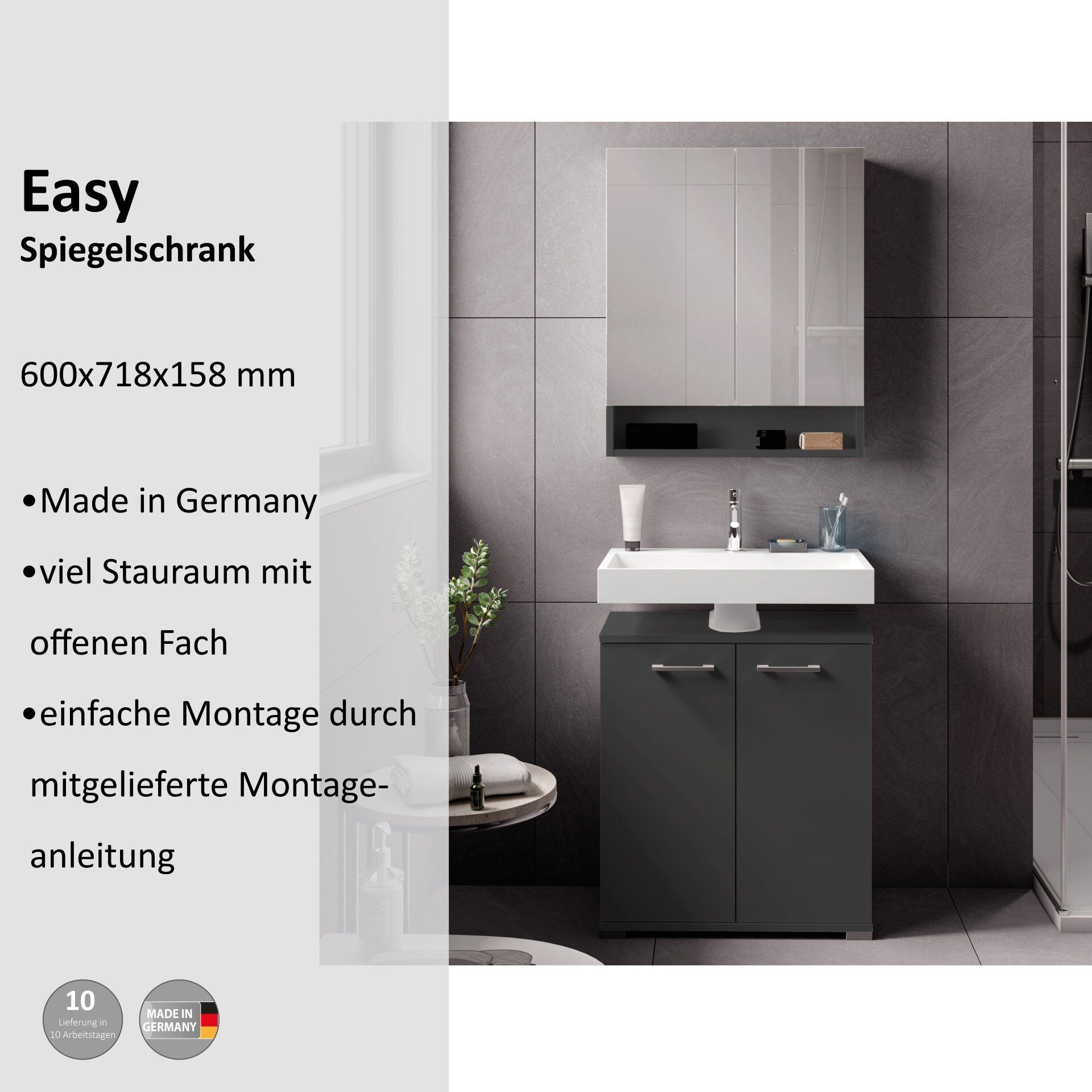 Spiegelschrank Easy, 60cm, Anthrazit