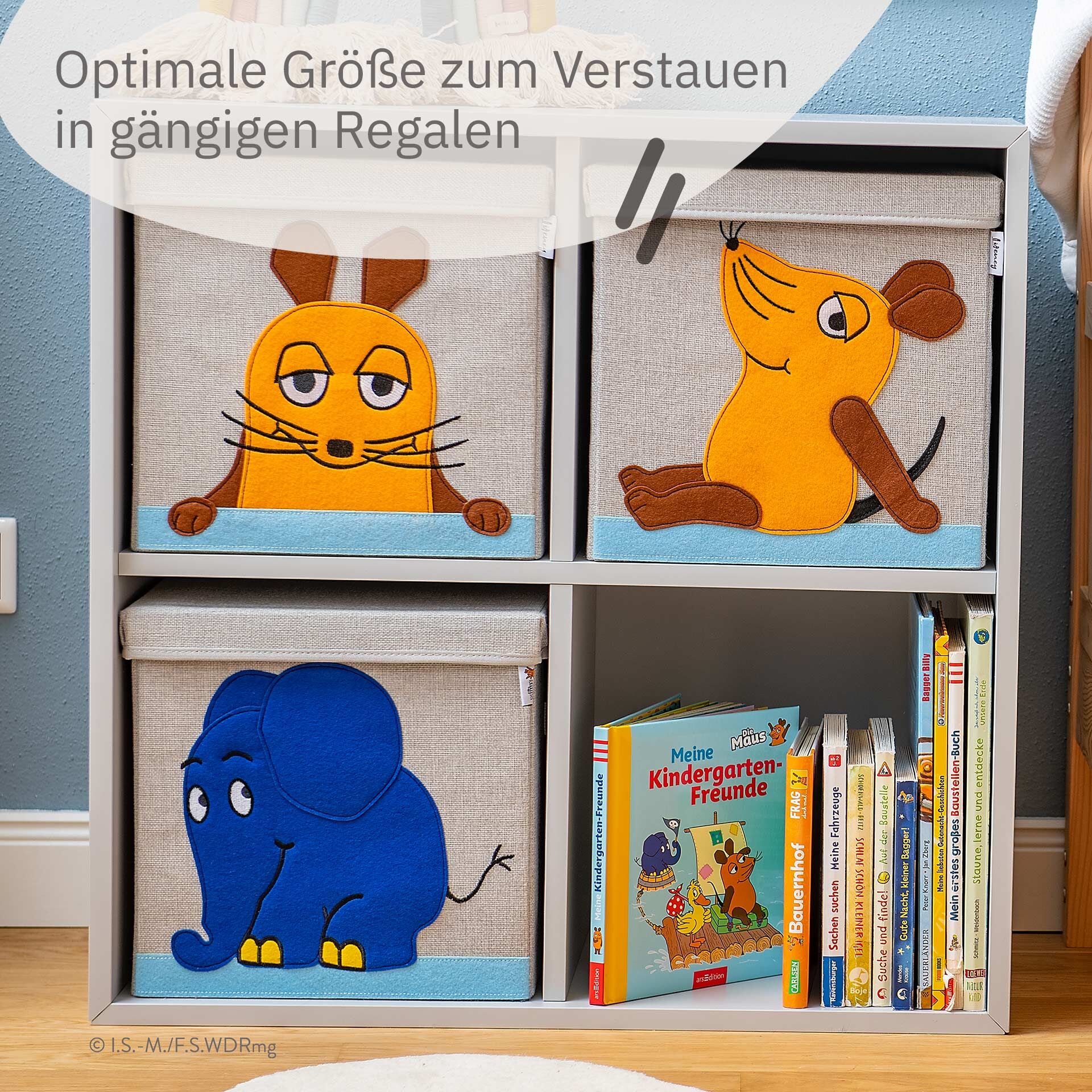 Aufbewahrungsbox 3er-Set mit Deckel, DieMaus & Elefant, 33x33x33cm