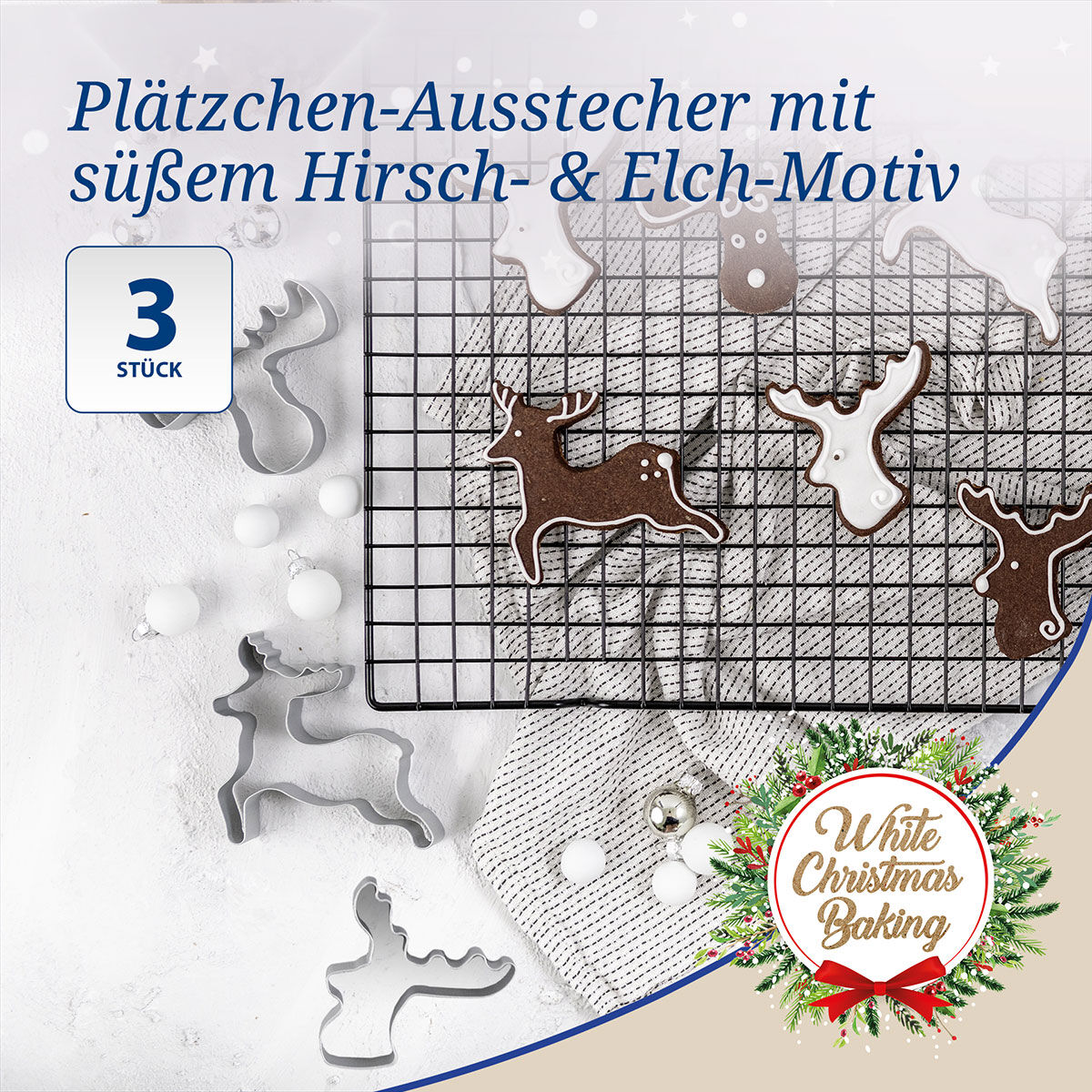 Ausstecher Hirsch und Elch White Christmas Baking, 3-teilig