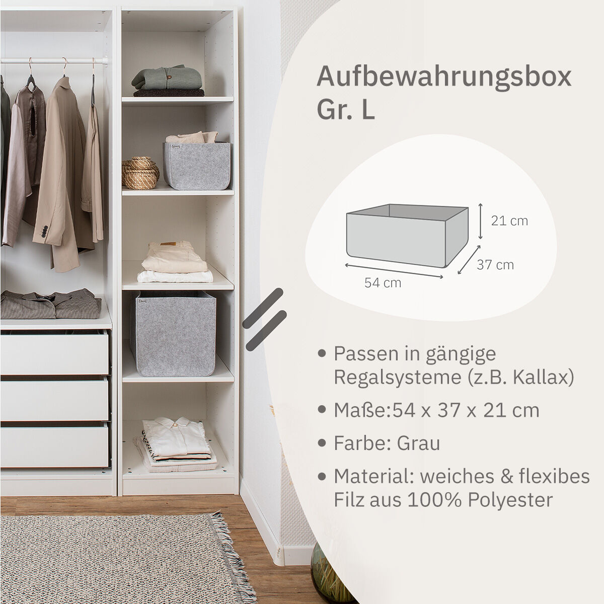 Organize your closet Aufbewahrungsbox, 54x37x21 cm, Filz, grau