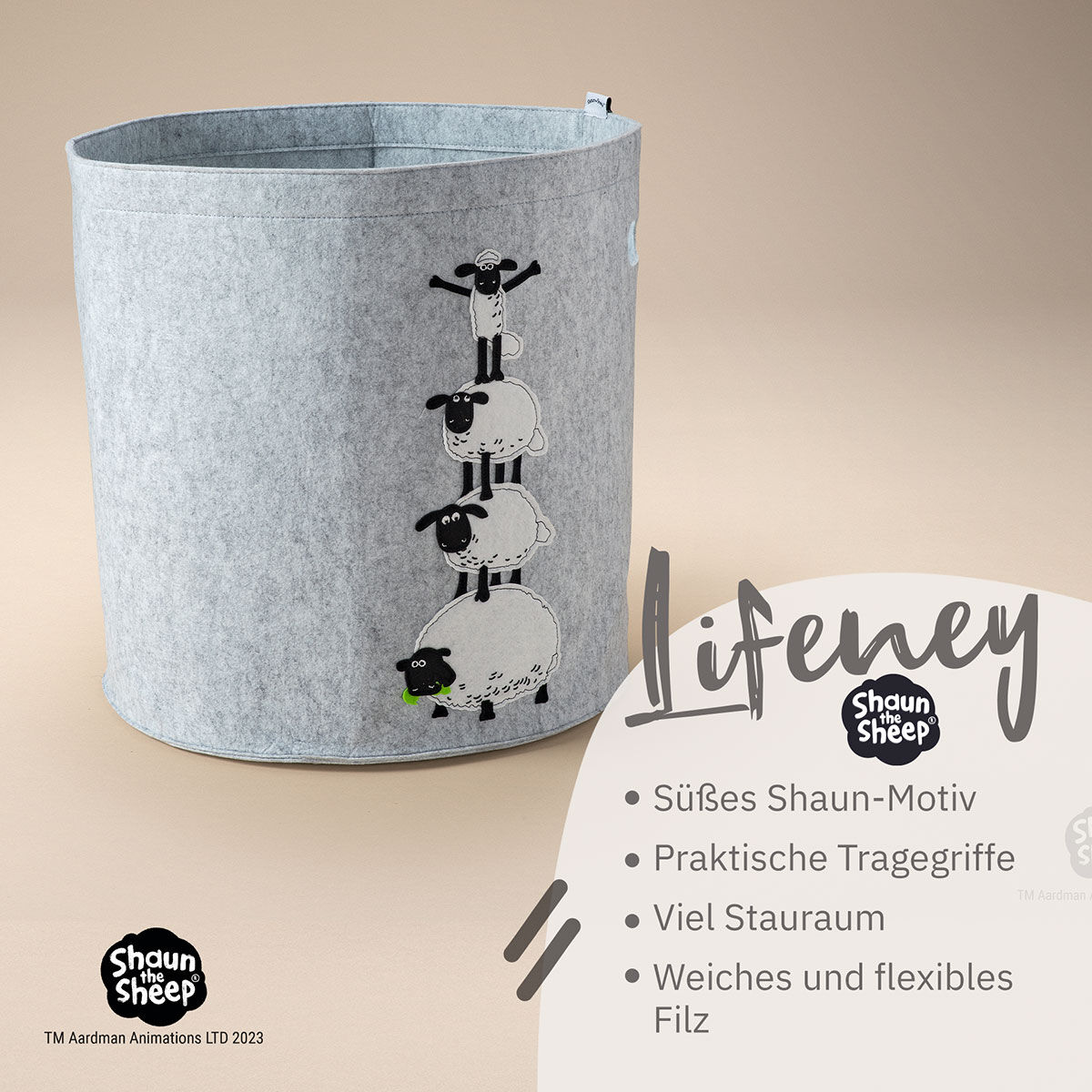 Aufbewahrungskorb Shaun und Freunde, Filz, 43,5x46cm