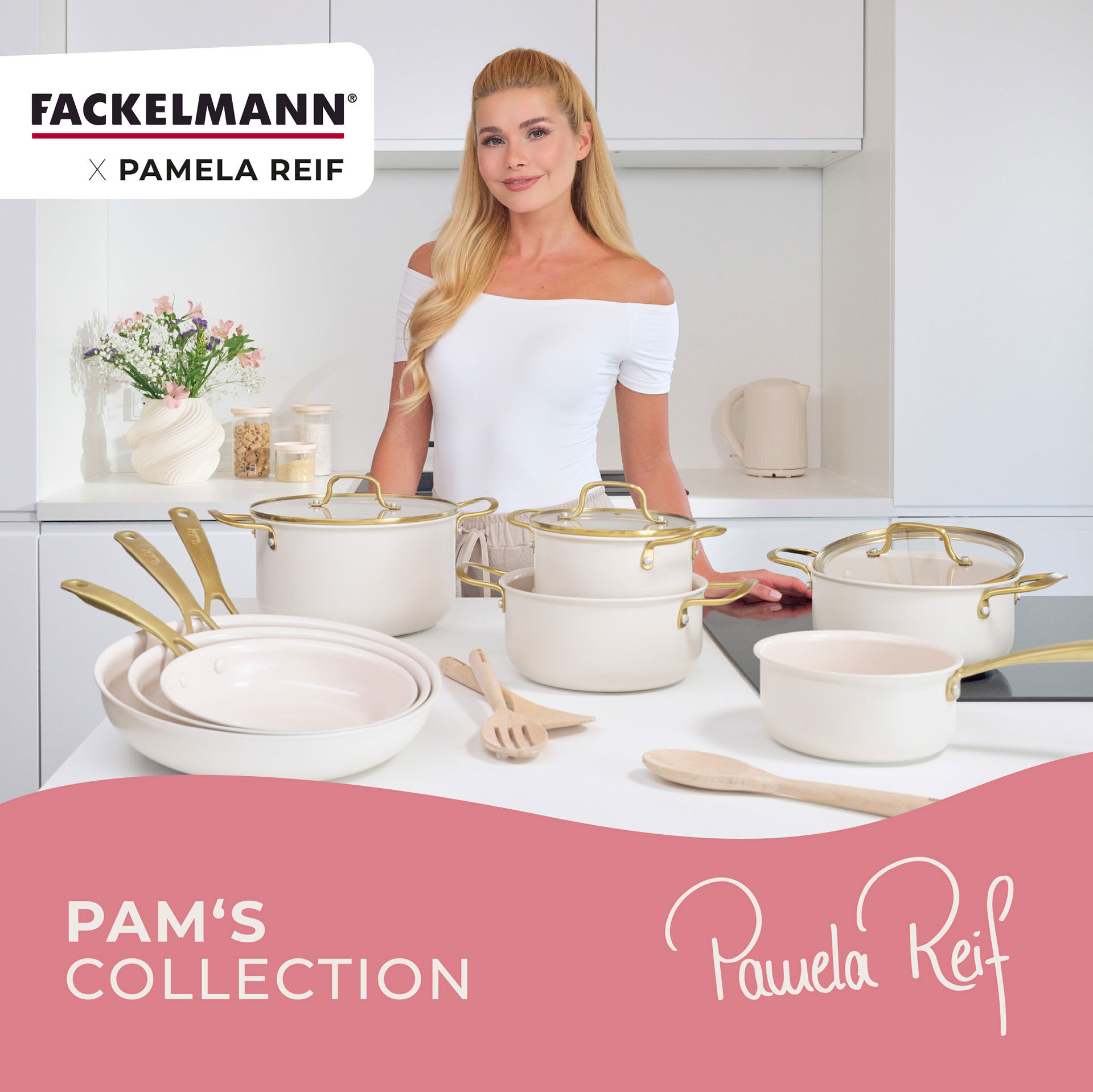Pamela Reif Bratpfannen-Set Signature, Keramik, Gold-Griff, Ø20+24+28cm