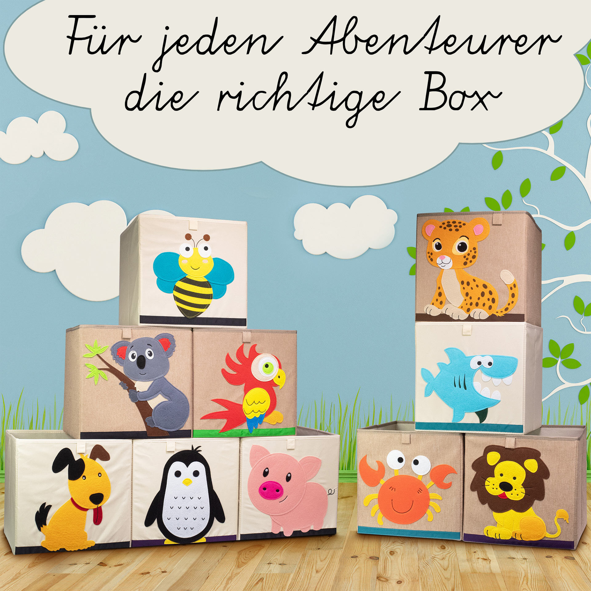 Aufbewahrungsbox 2er-Set Löwe, beige, 33x33x33cm