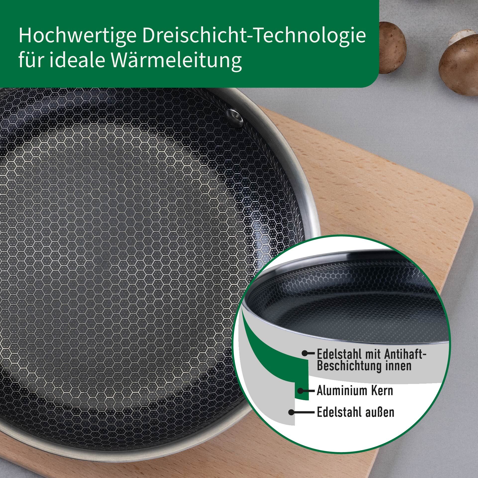 Bratpfanne Kiel, Edelstahl, antihaft, Wabenboden, Ø24cm