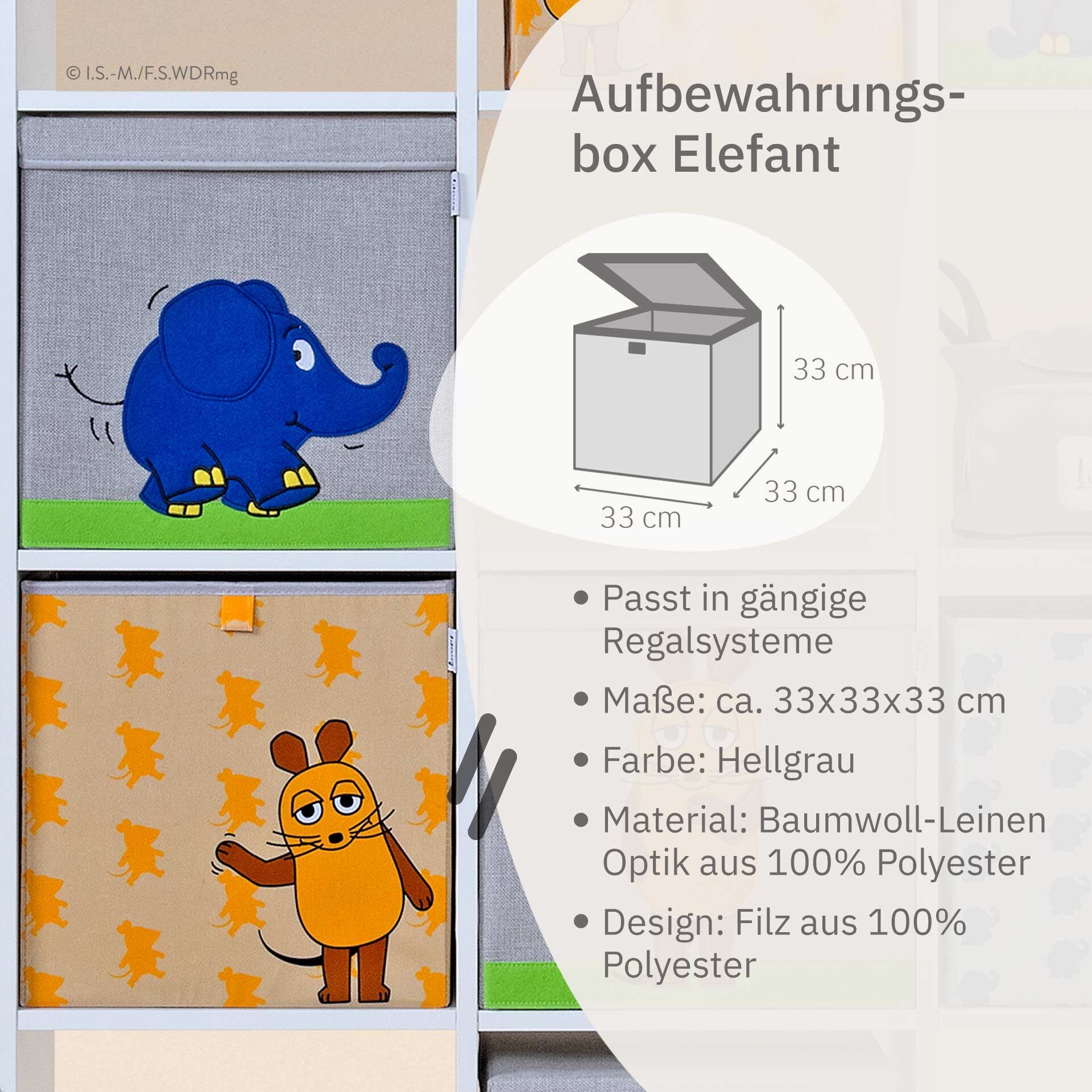 Aufbewahrungsbox mit Deckel DieMaus Elefant laufend, 33x33x33cm