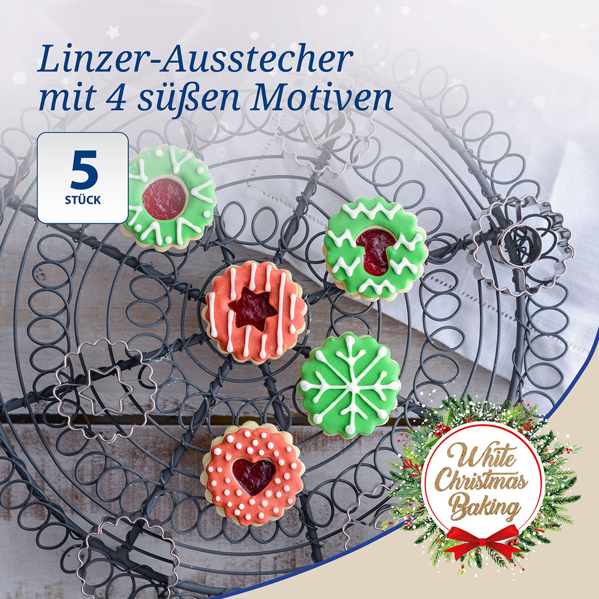 Ausstecher Linzer White Christmas Baking, 5-teilig