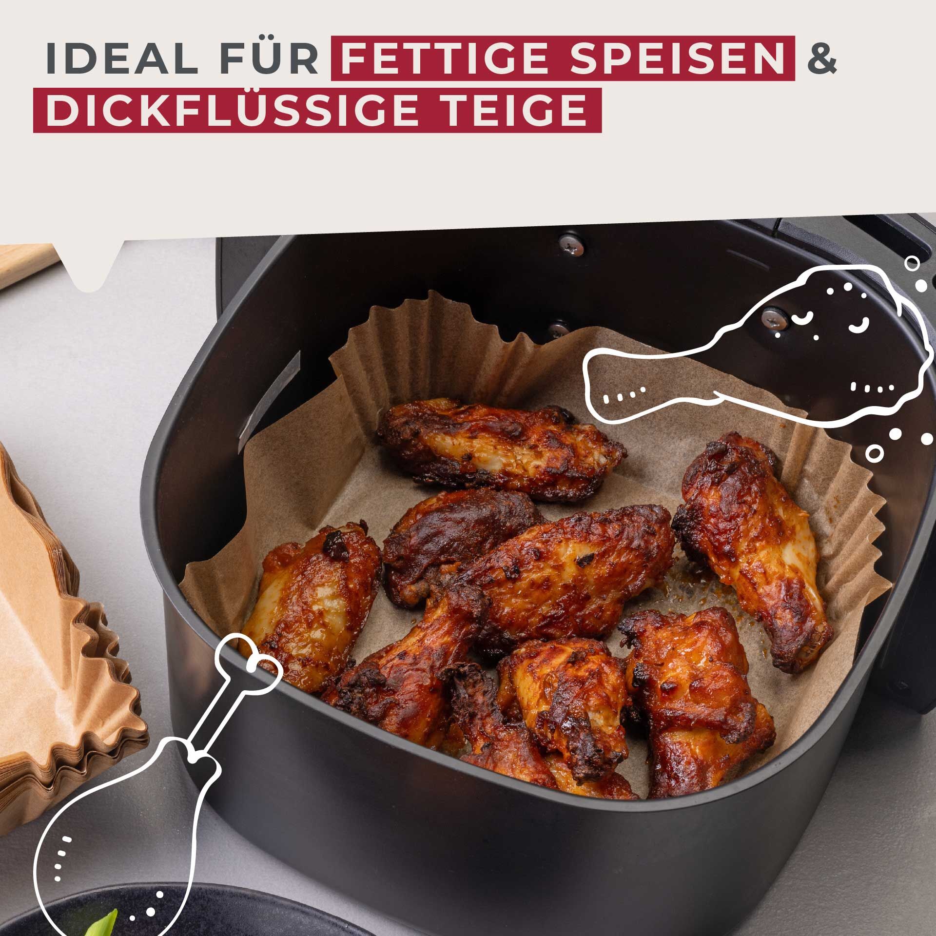 Backpapier für Heißluftfritteuse eckig,16x16x4,5cm, 40 Stk.