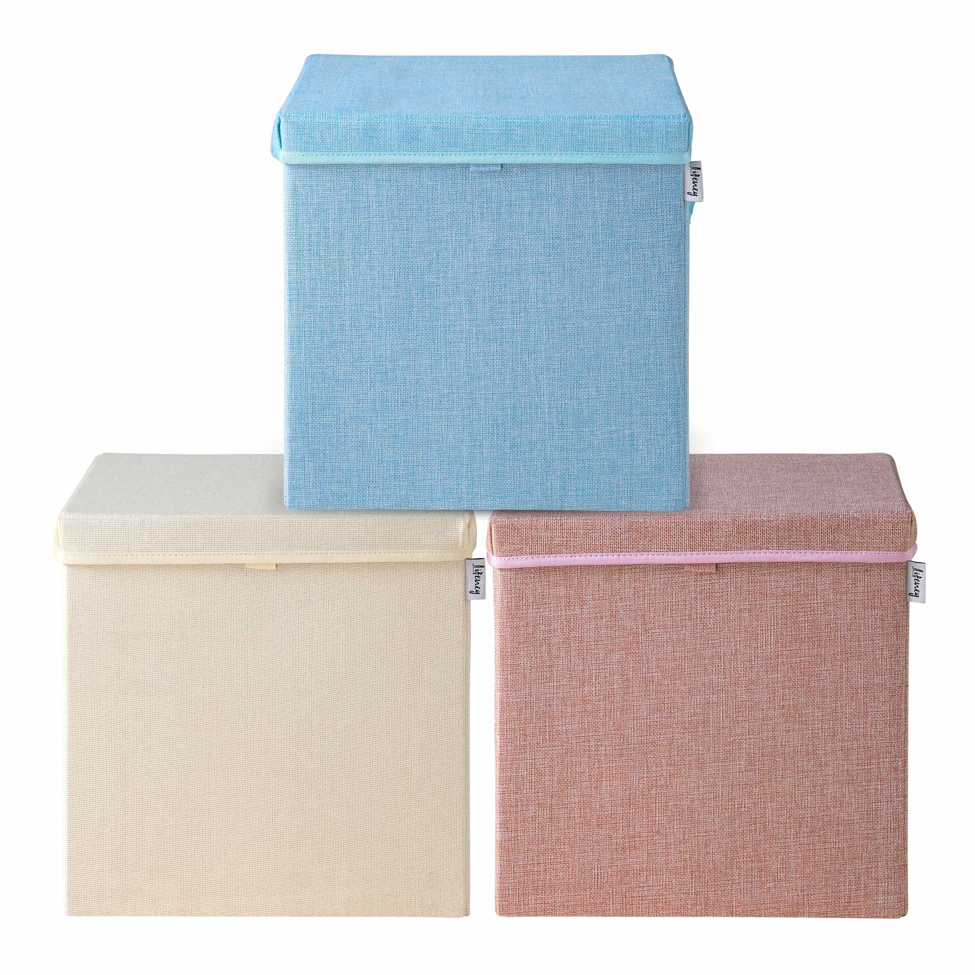 Aufbewahrungsbox 3er-Set, beige hellblau & rosa, mit Deckel, 33x33x33cm
