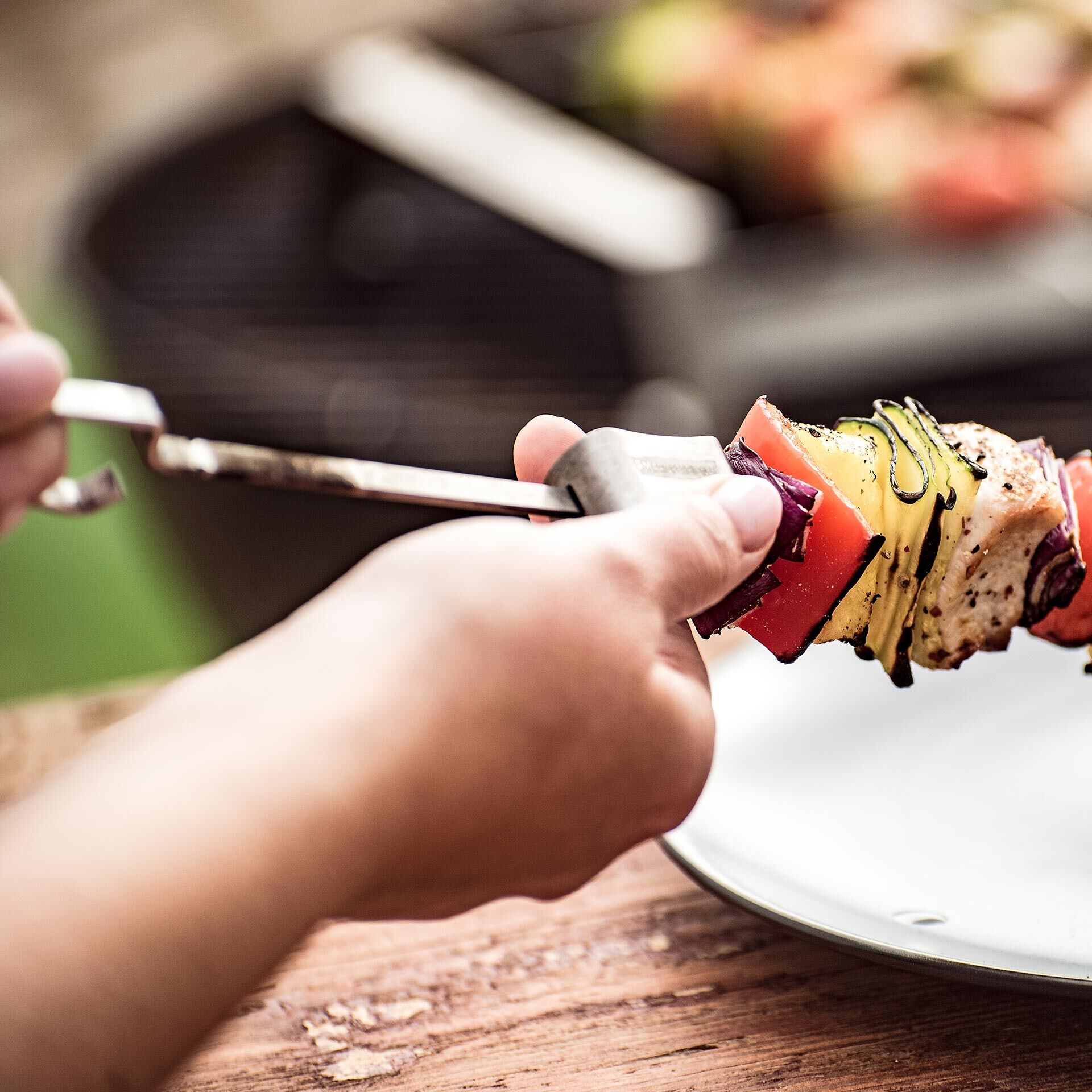 Grillspieße mit Halterung und Abstreifer