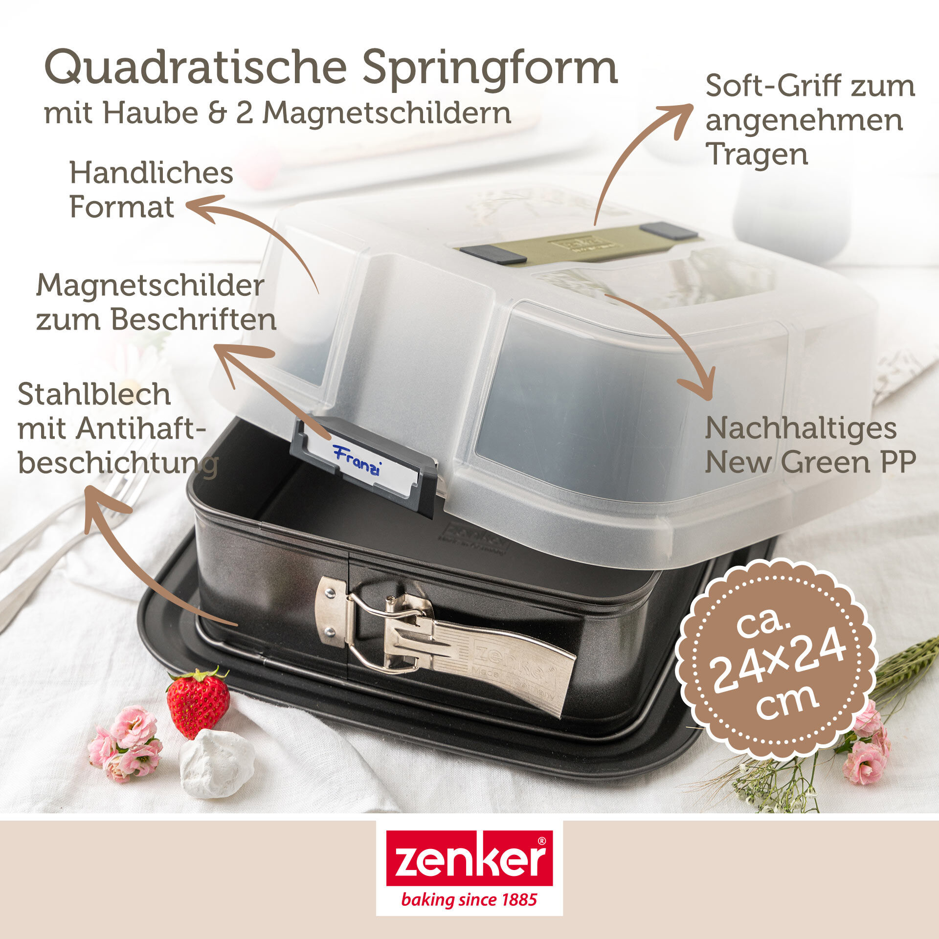 Springform quadratisch mit Transporthaube,  24x24cm