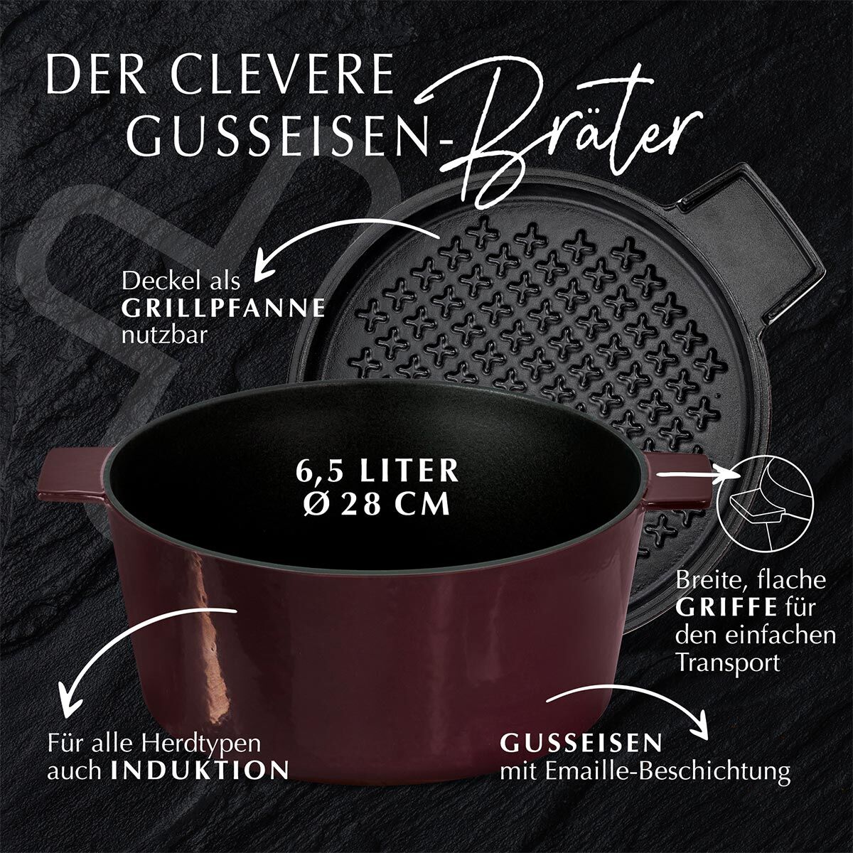 Cocotte mit Grilldeckel, 28cm, Gusseisen, bordeaux Cocotte mit Grilldeckel, 28cm, Gusseisen, bordeaux