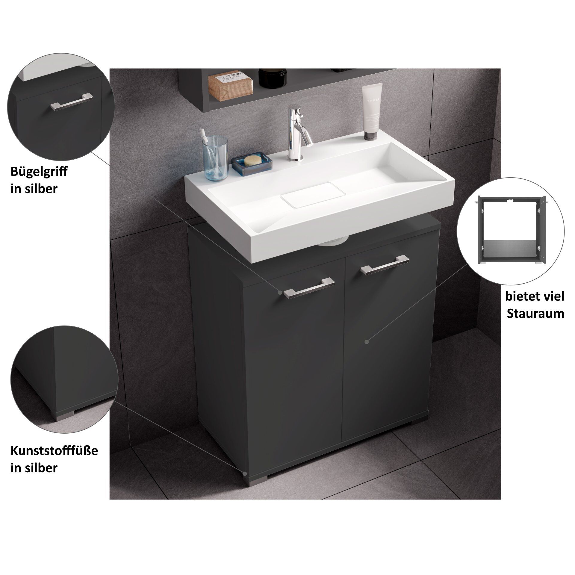 Waschbeckenunterschrank Easy, 60cm, Anthrazit, stehend