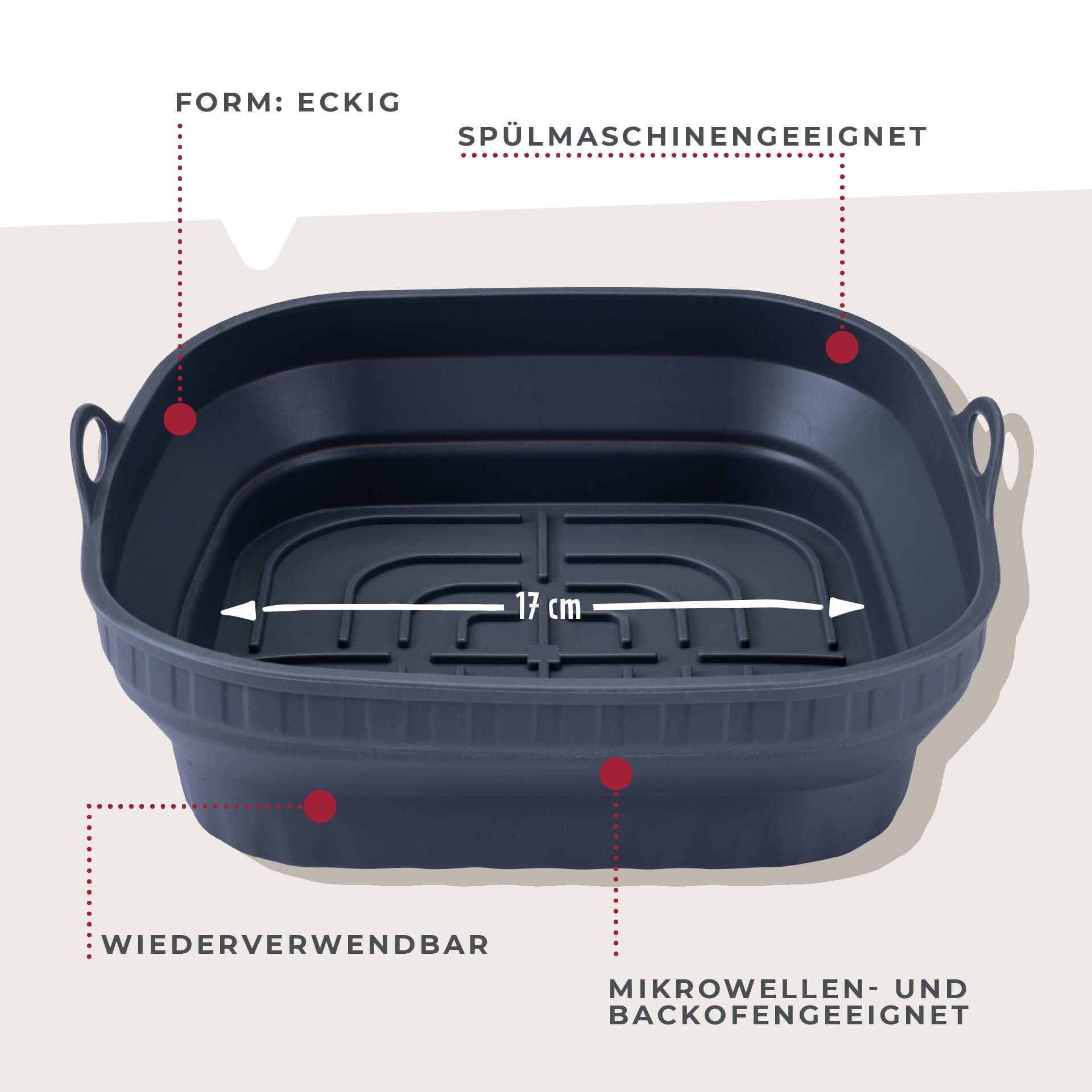 Silikonform für Heißluftfritteuse eckig, 17x17x6,5cm, faltbar