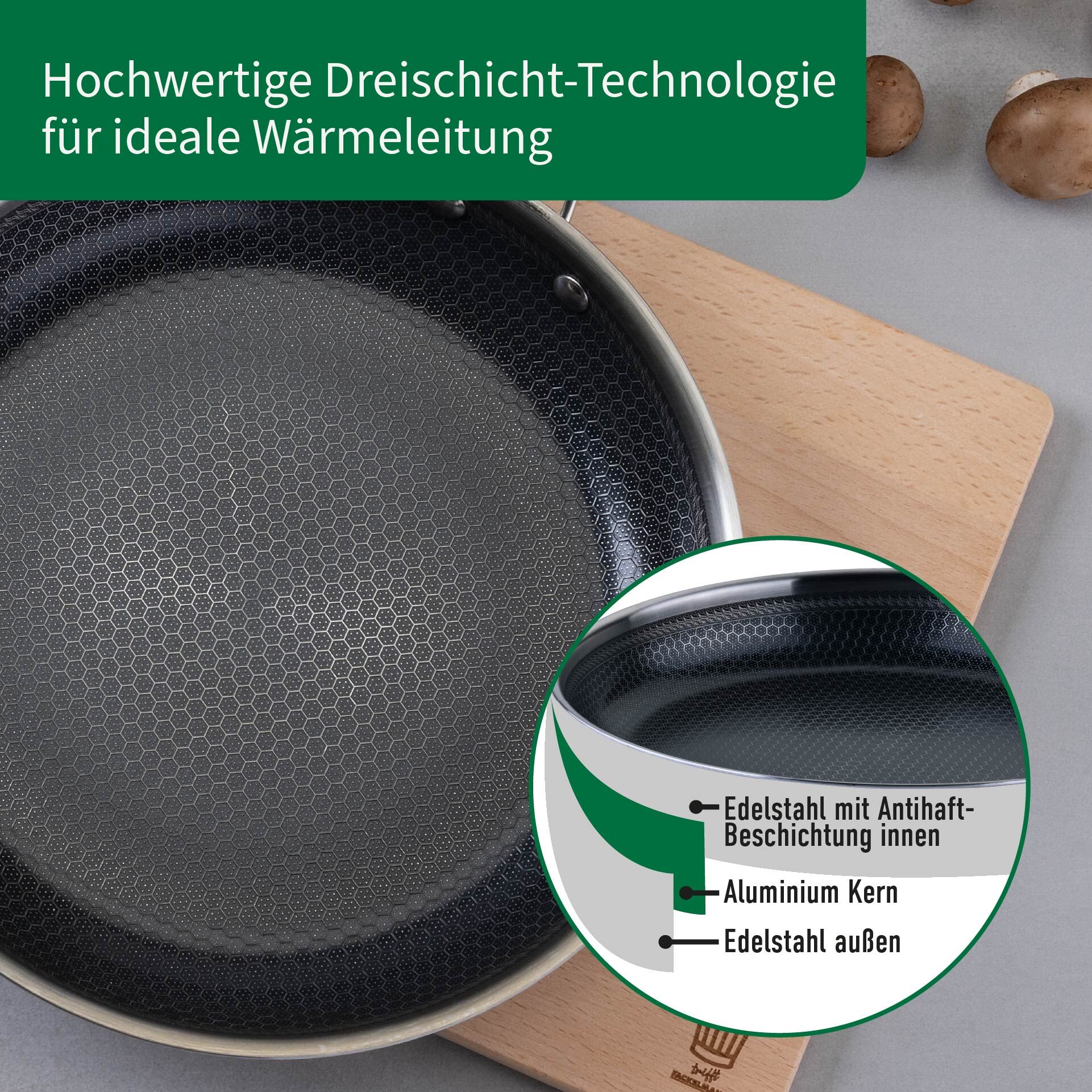 Bratpfanne Kiel, Edelstahl, antihaft, Wabenboden, Ø28cm