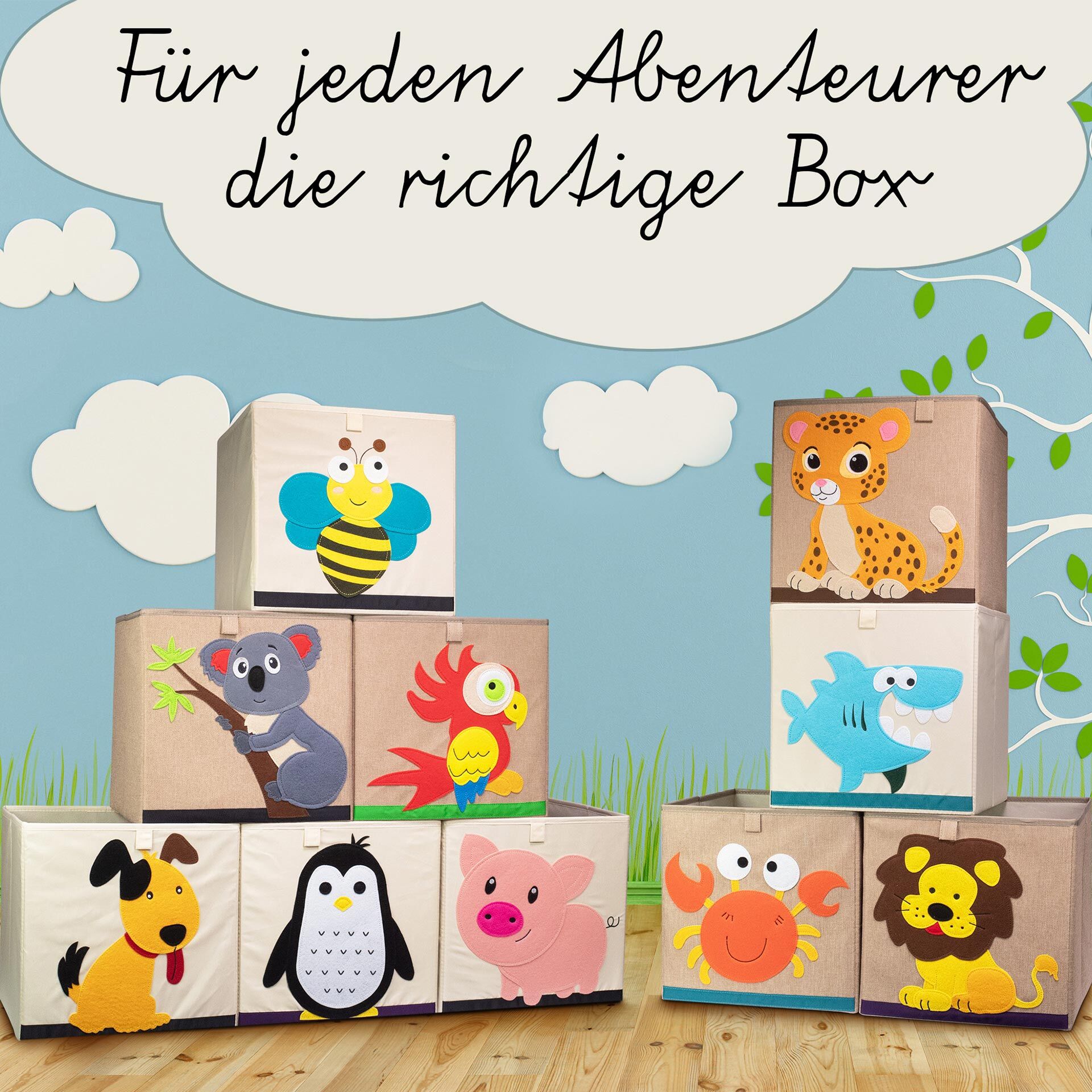 Aufbewahrungsbox 3er-Set Biene Hund & Schweinchen, beige, 33x33x33cm