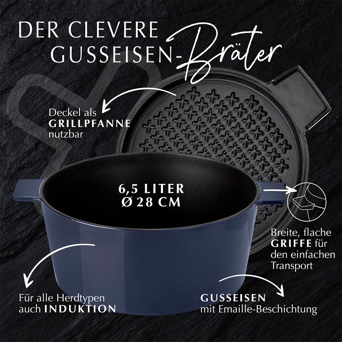 Cocotte mit Grilldeckel, 28cm, Gusseisen, blau Cocotte mit Grilldeckel, 28cm, Gusseisen, blau