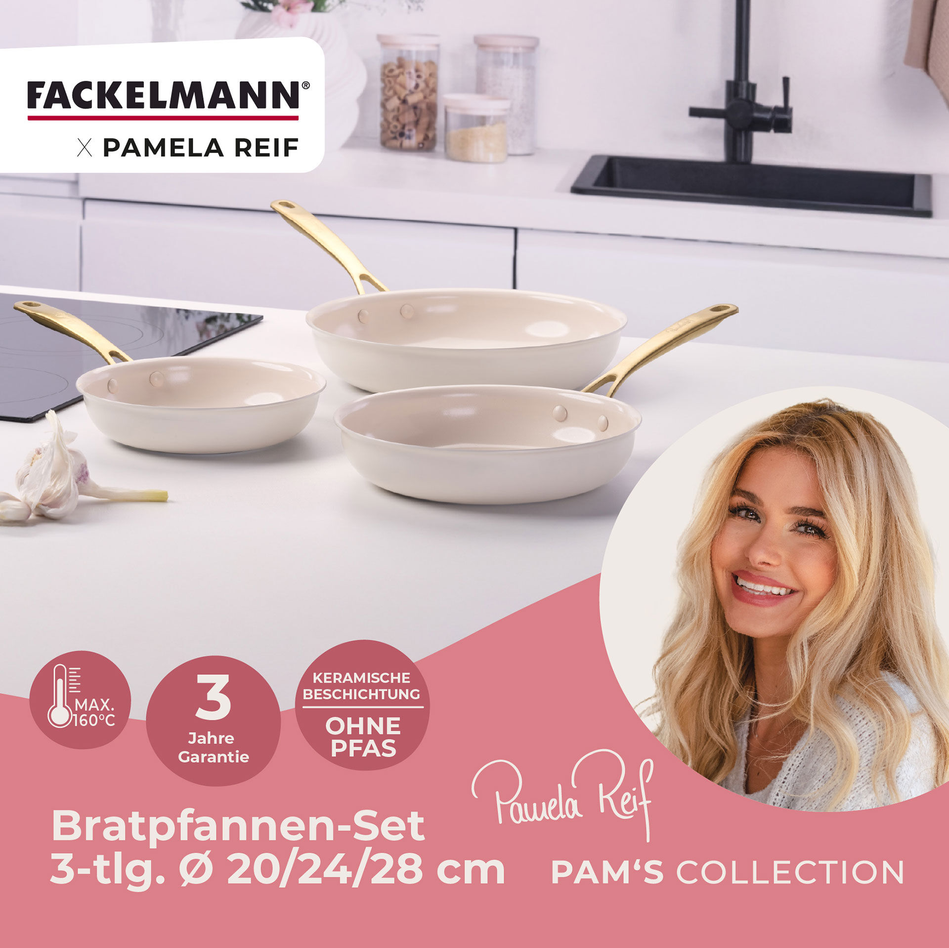 Pamela Reif Bratpfannen-Set Signature, Keramik, Gold-Griff, Ø20+24+28cm