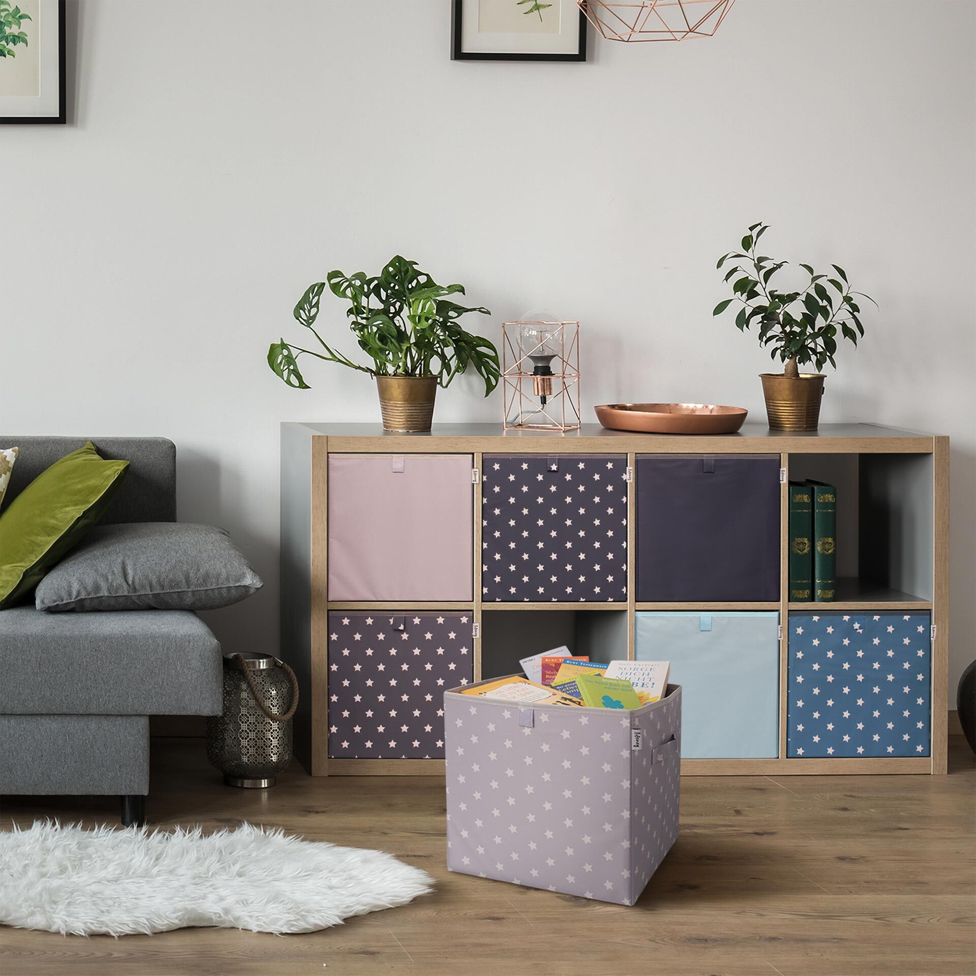 Aufbewahrungsbox 3er-Set Sterne, anthrazit hellblau & blau, 33x33x33cm