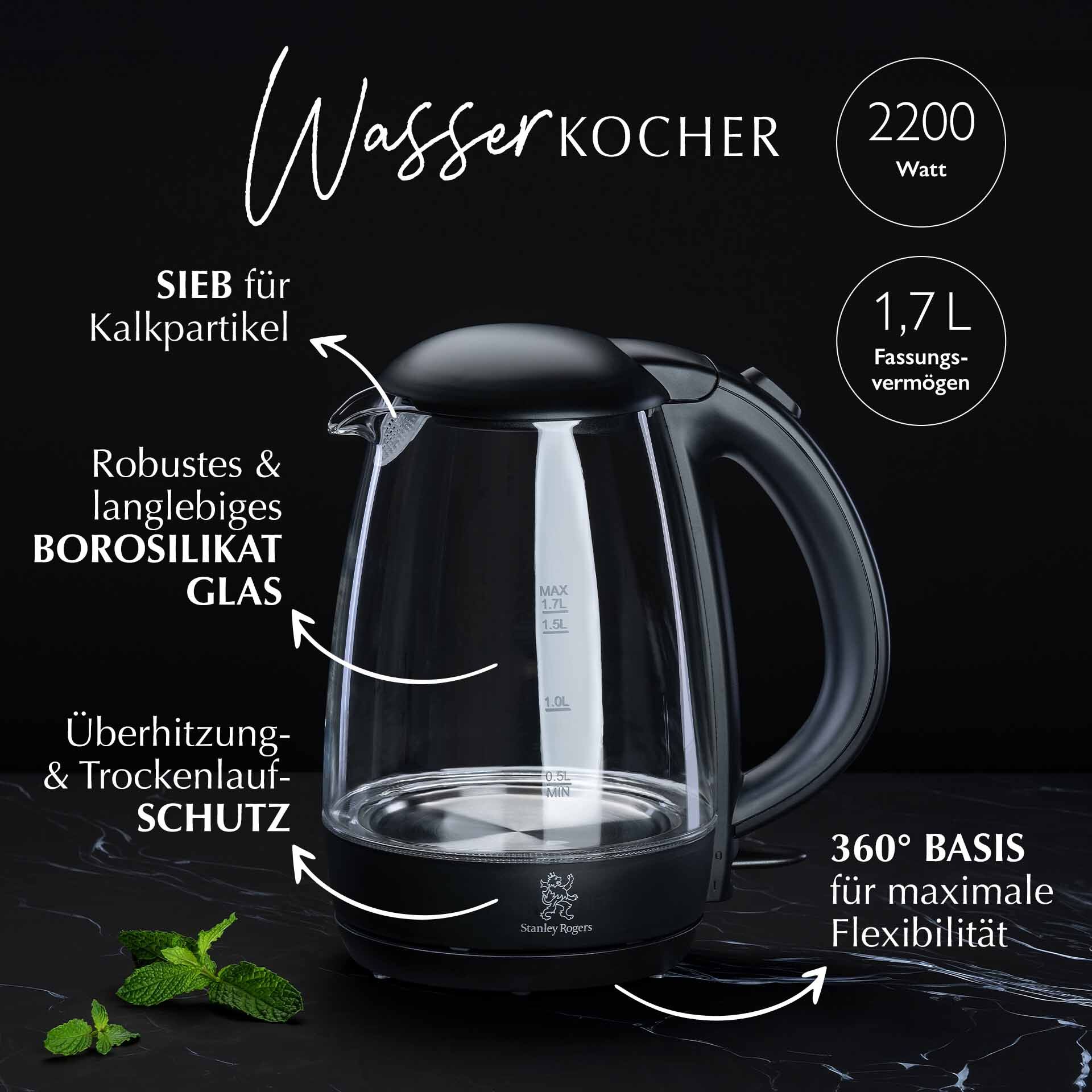 Wasserkocher, Glas, 1,7L