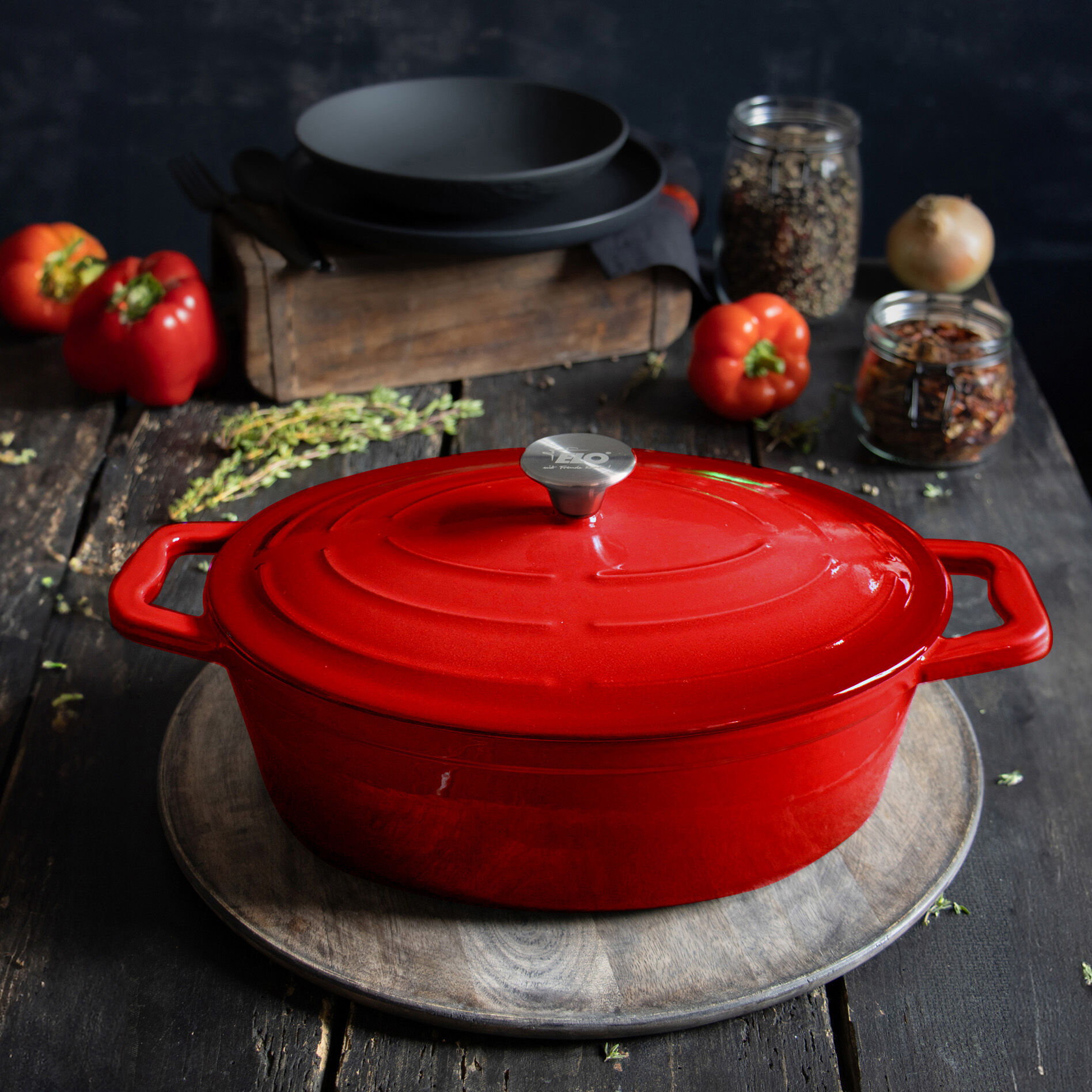 Schmortopf mit Deckel kirschrot Ø33cm, oval