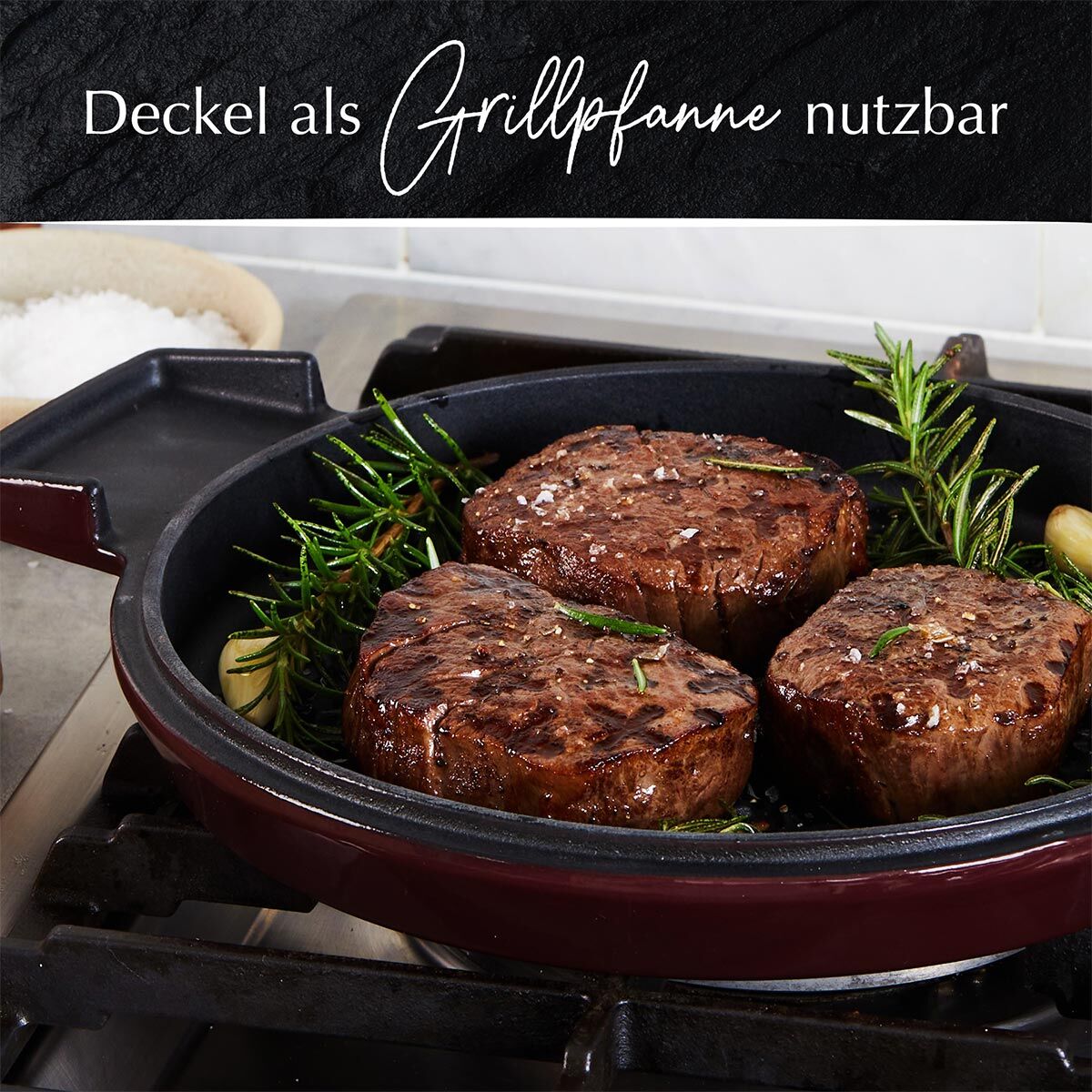 Set Cocotte mit Grilldeckel + Untersetzer, Gusseisen, 24cm, bordeaux Set Cocotte mit Grilldeckel + Untersetzer, Gusseisen, 24cm, bordeaux