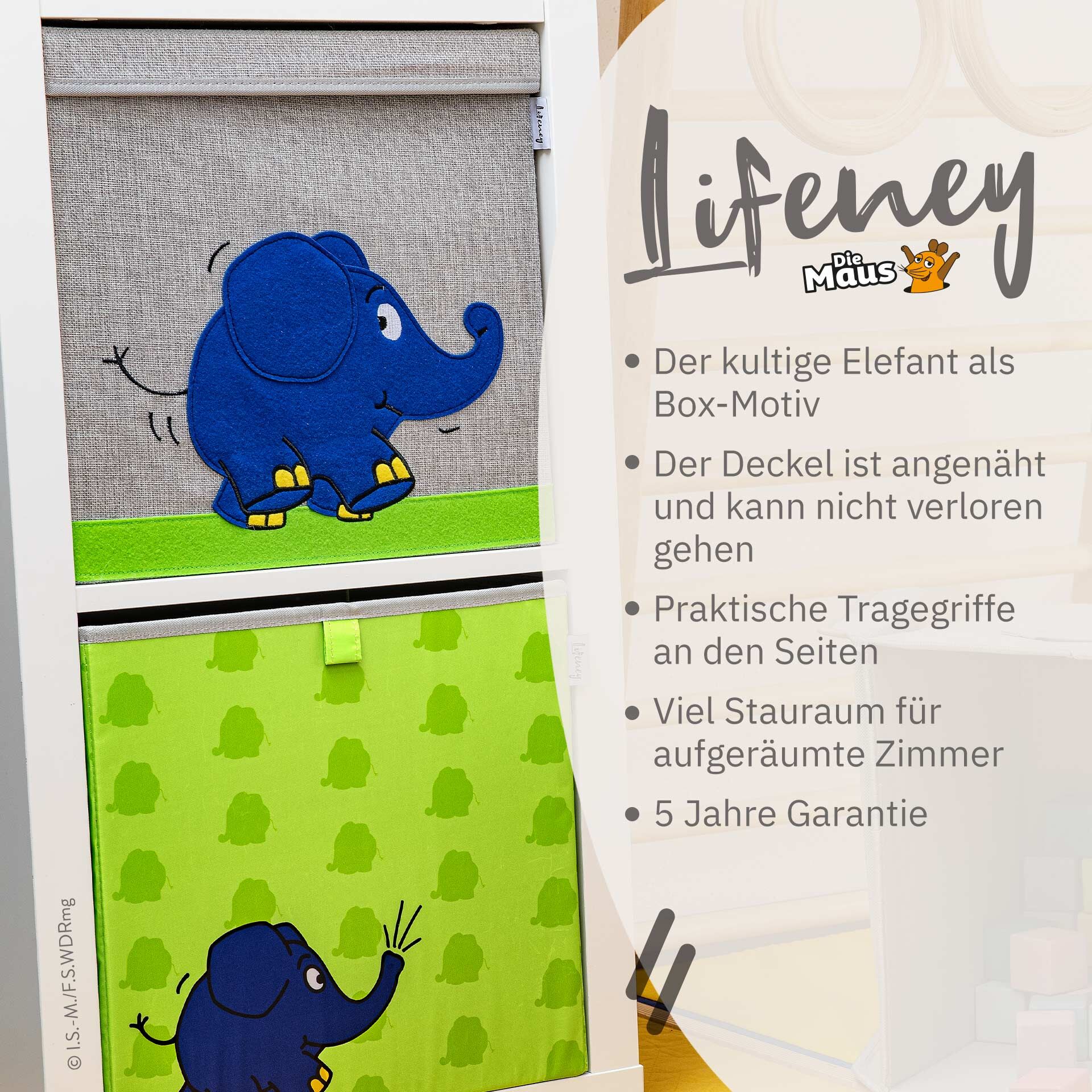 Aufbewahrungsbox mit Deckel DieMaus Elefant laufend, 33x33x33cm