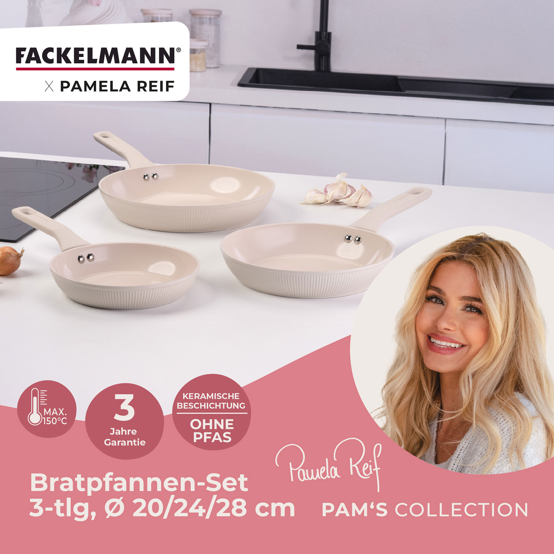 Pamela Reif Bratpfannen-Set, Keramik, Soft-Touch-Griff, 3-tlg.