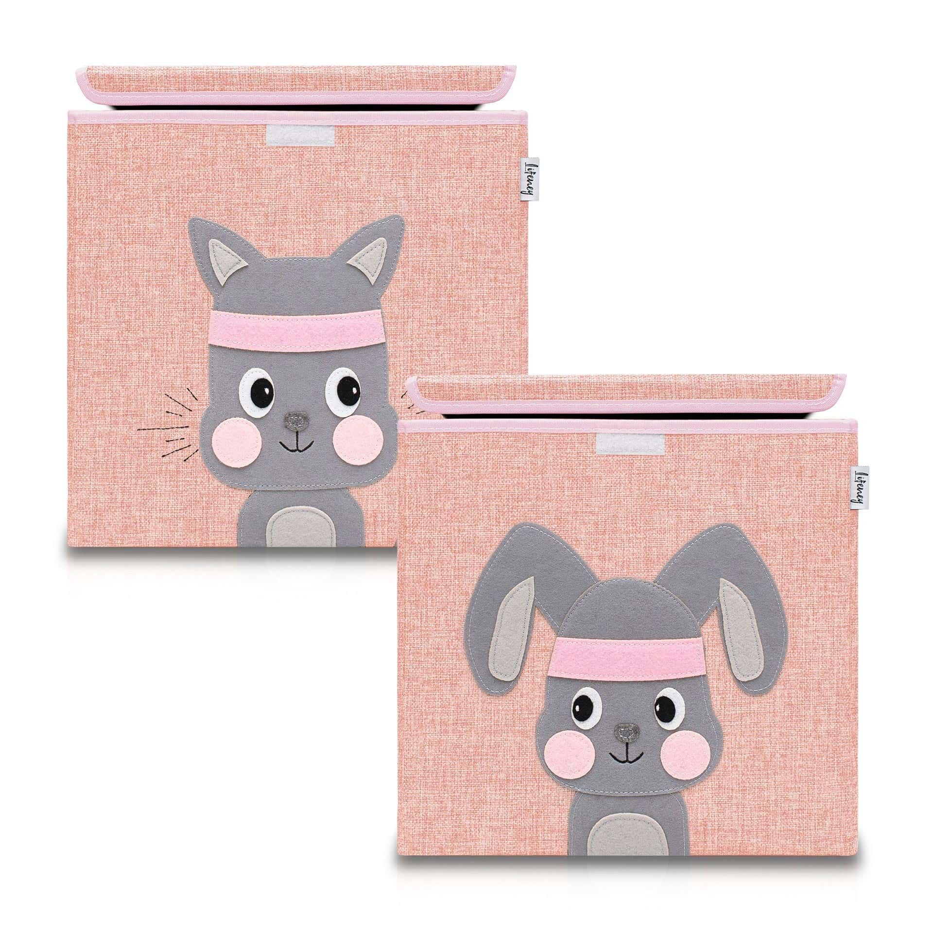Aufbewahrungsbox 2er-Set Hase & Katze, rosa, 33x33x33cm